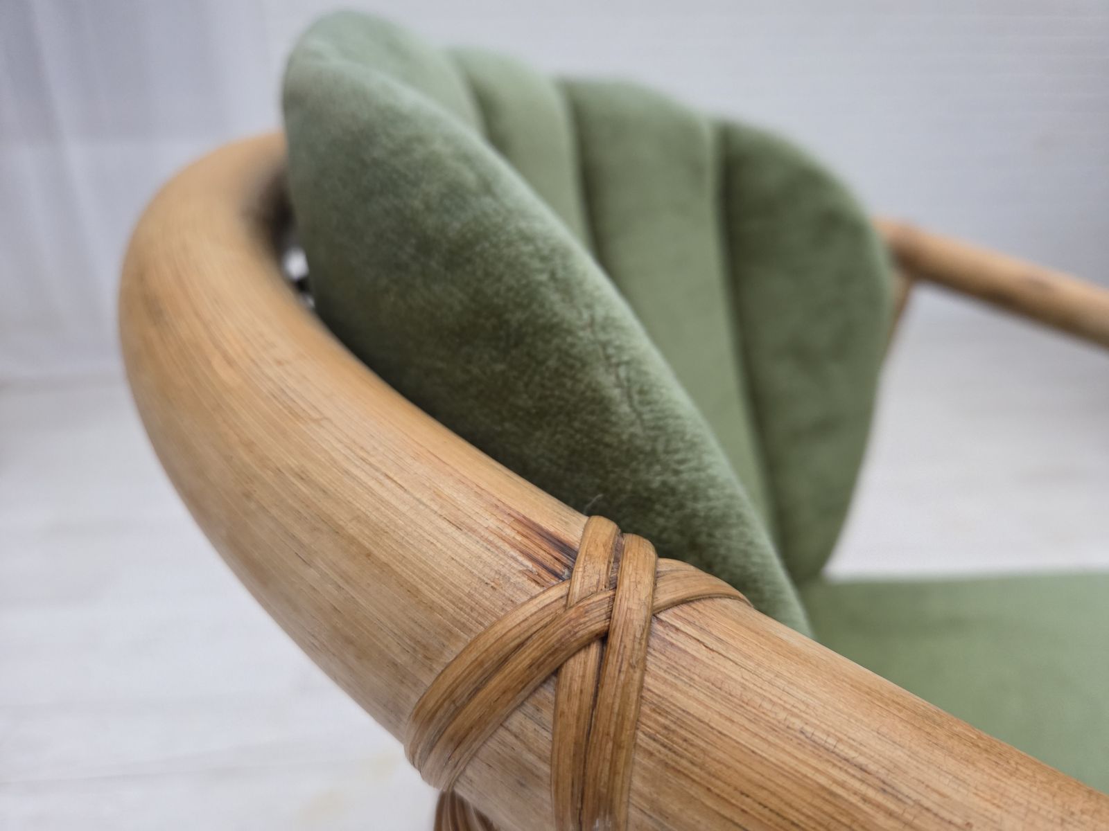 Furniture 1970s, Pair Of Scandinavian Lounge Chairs, Green Furniture Velour And Rattan. photo