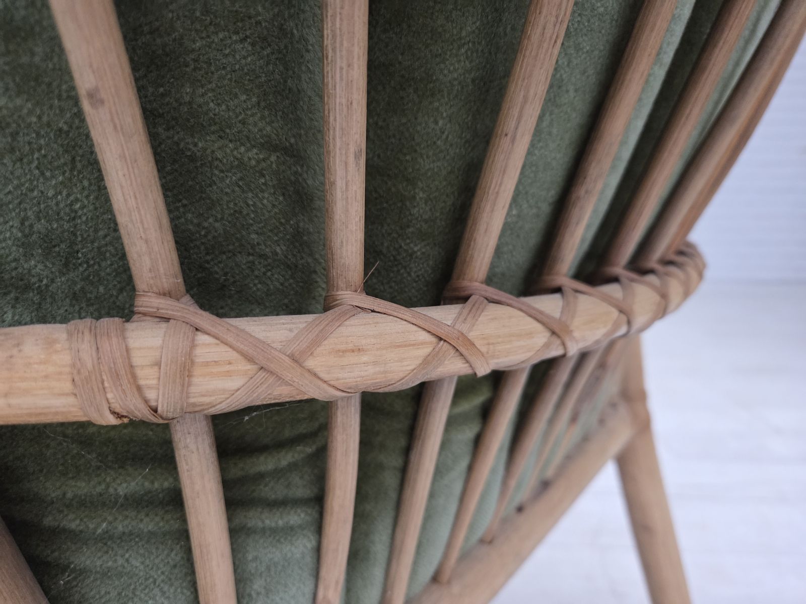 photo buy 1970s, Pair Of Scandinavian Lounge Chairs, Green Furniture Velour And Rattan.