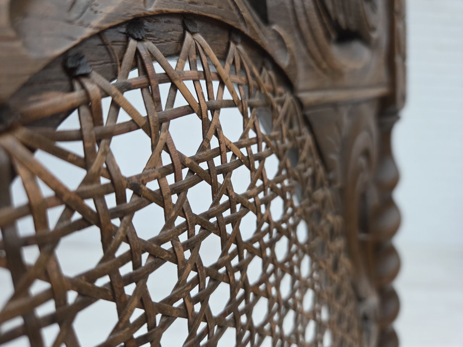 1930s, Danish Highback Armchair, Furniture Mesh, Velour, Hand Carved Oak Wood. photo buy