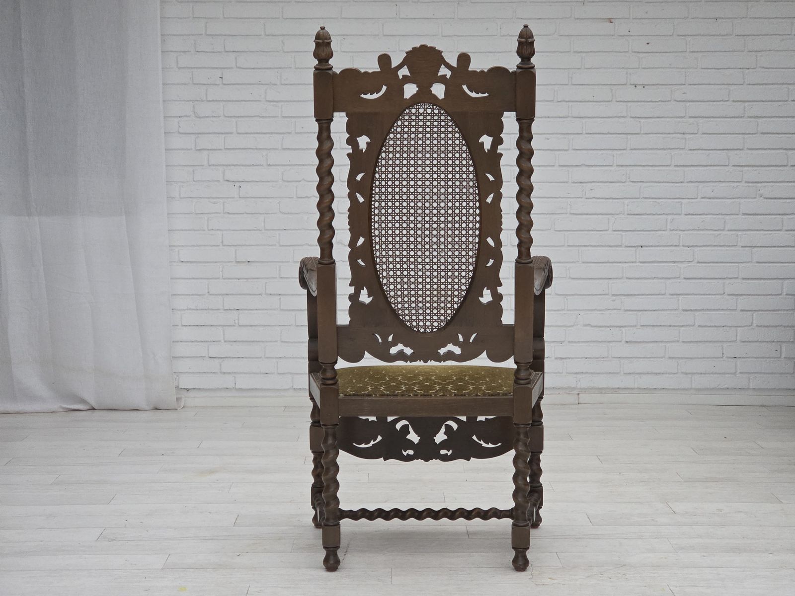990.0 1930s, Danish Highback Armchair, Furniture Mesh, Velour, Hand Carved Oak Wood. photo