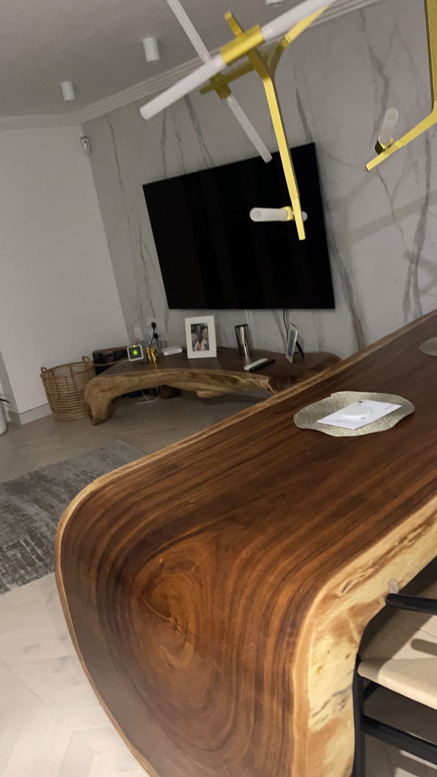 photo for sale Indonesian Teak Live Edge Dining Table – Sculptural Waterfall Slab – Seats 8–10 – Hand Carved – Designer Piece