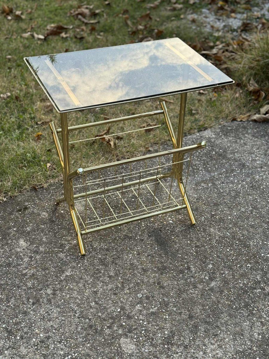 Mid Century Modern Brass And Smoked Glass Side Table With Integrated Magazine Holder, 1970s photo Furniture