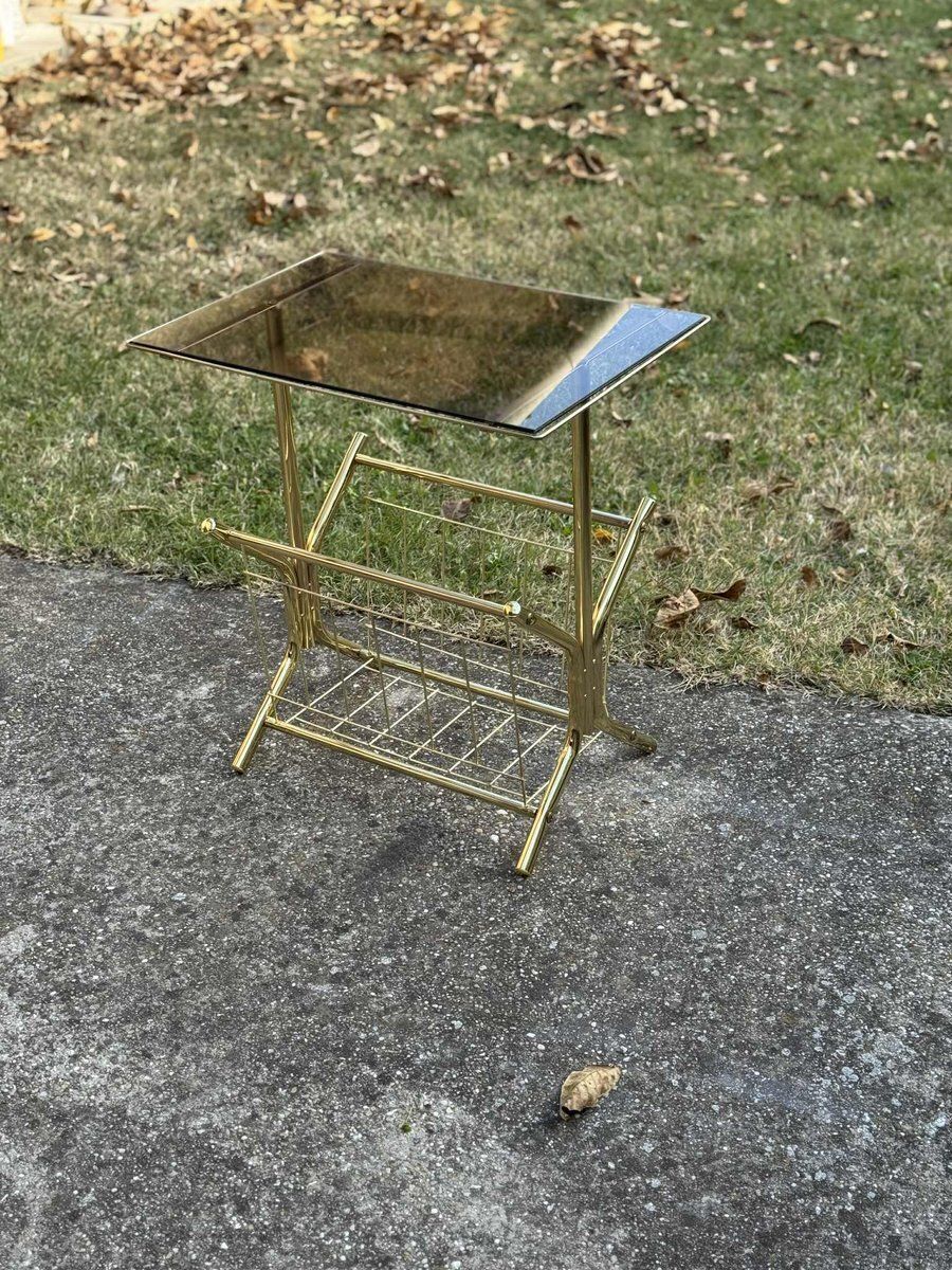 Mid Century Modern Brass And Smoked Glass Side Table With Integrated Magazine Holder, 1970s photo 985.0