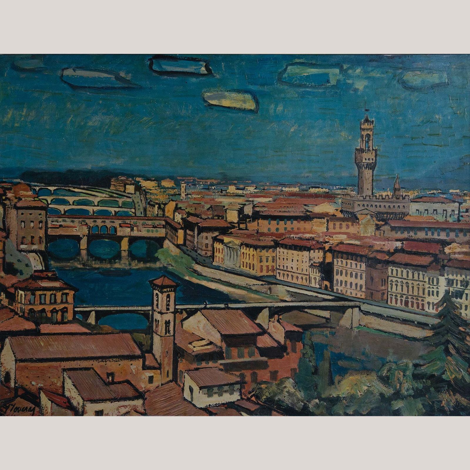 Florence Door Federico Lloveras – Grote Ingelijste Oleografie