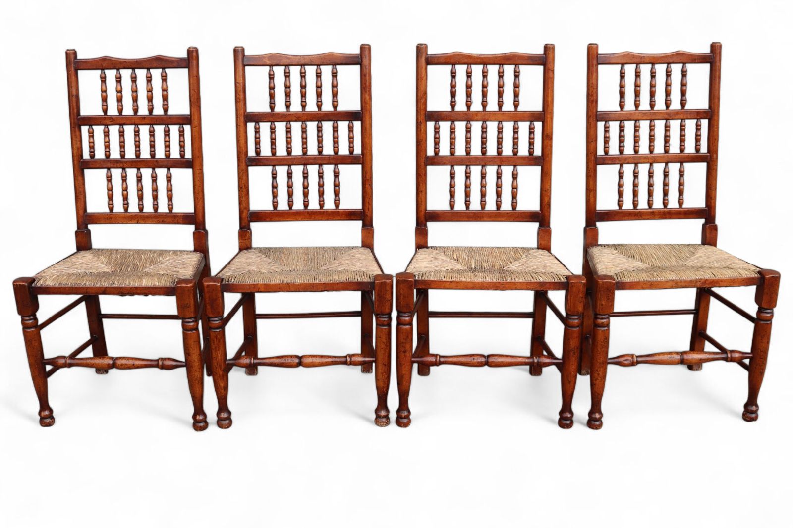 Set Of 8 Antique Lancashire Elm & Ash Rush Seat Spindle Back Dining Chairs photo furniture