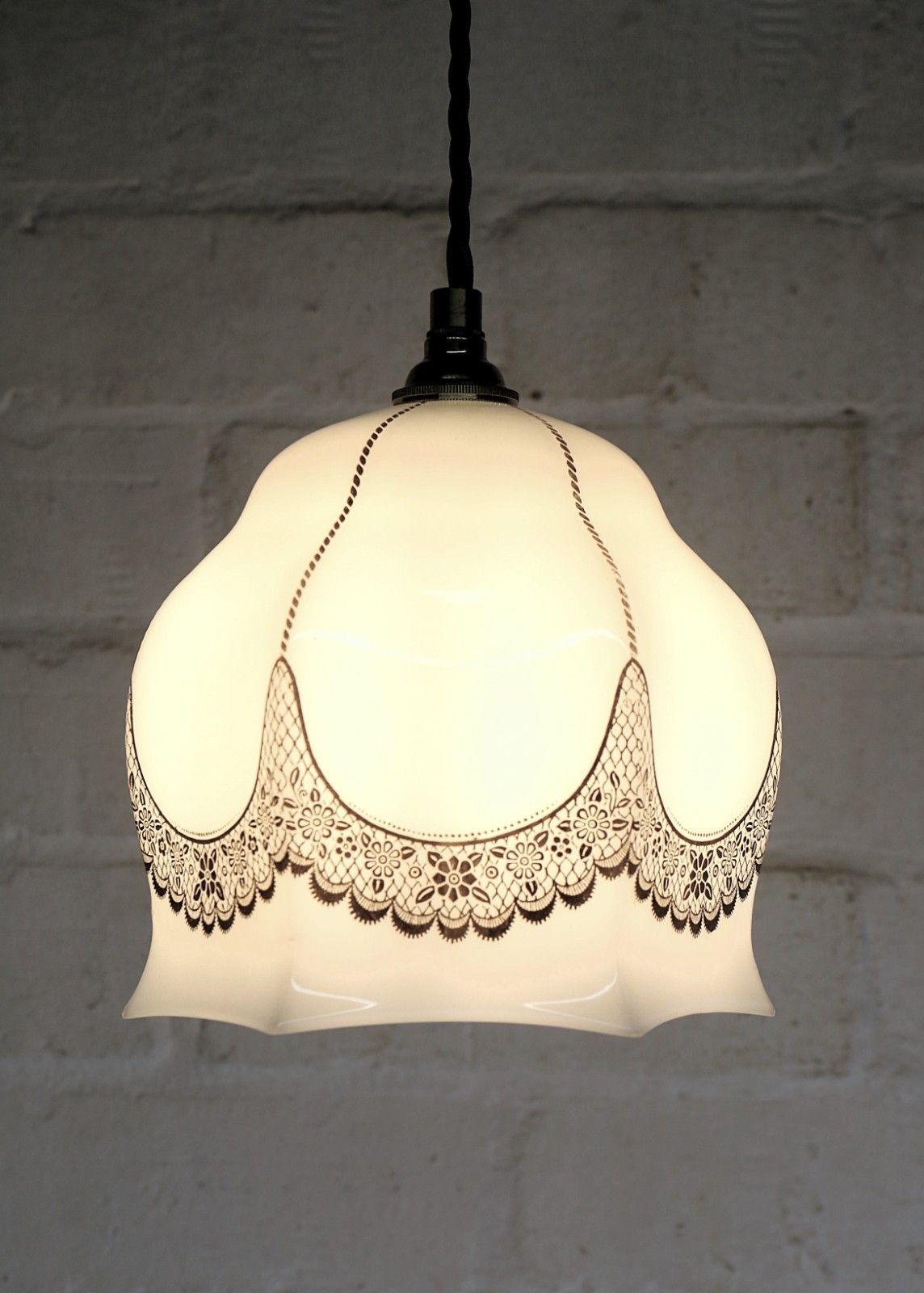 Ceiling Light Antique Milk Glass Pendant Decorated With Overlaid Lace Details