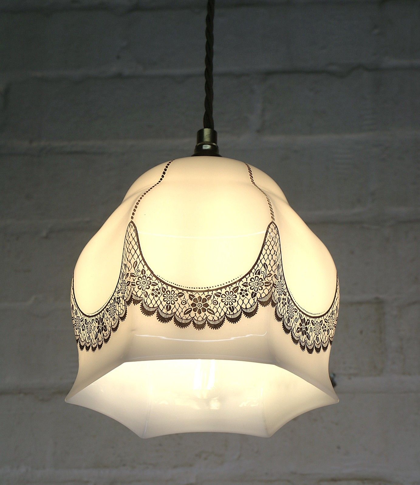 Lighting Ceiling Light Antique Milk Glass Pendant Decorated With Overlaid Lace Details photo