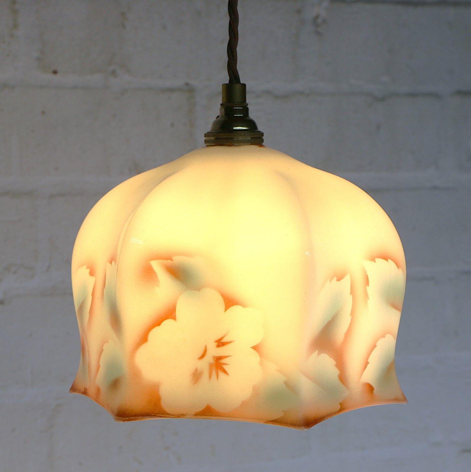 Ceiling Light Antique Milk Glass Pendant Decorated Sprayed Flower Silhouettes photo Lighting