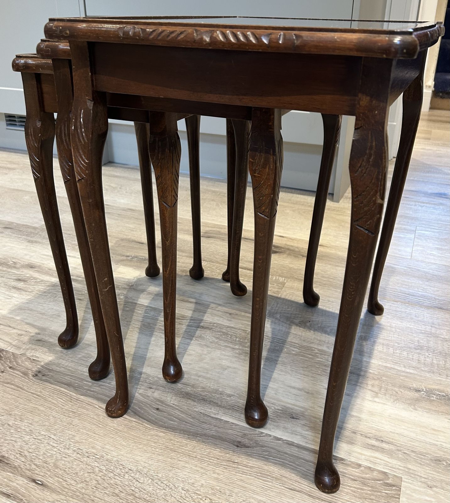 Nest Of 3 Tables With Leather Insert Topped Off With Glass Panel. Decorative Legs On All 3