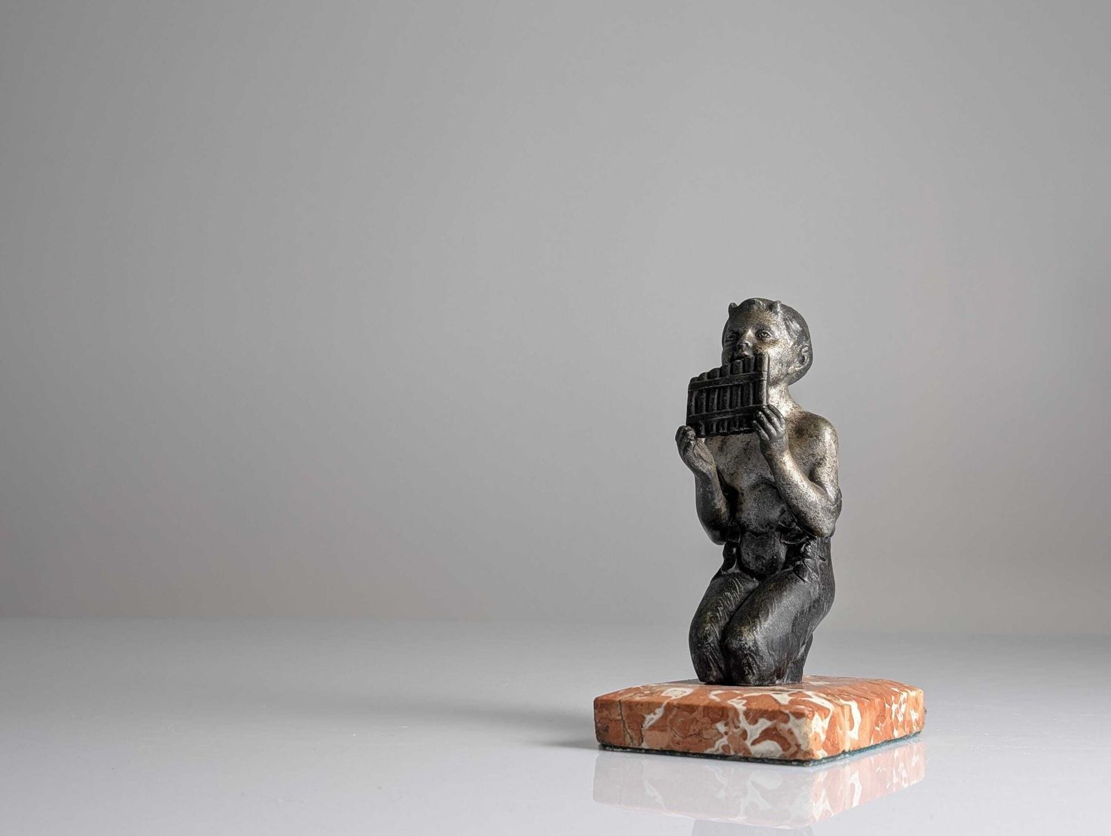 Joven Fauno Con Flauta De Pan, Escultura Art Déco Sobre Mármol, 1920s photo furniture