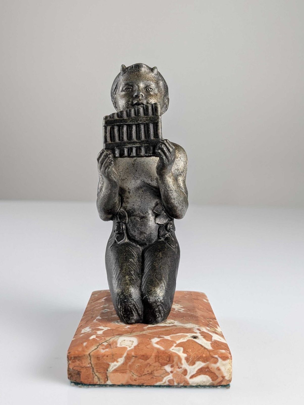 photo furniture Joven Fauno Con Flauta De Pan, Escultura Art Déco Sobre Mármol, 1920s