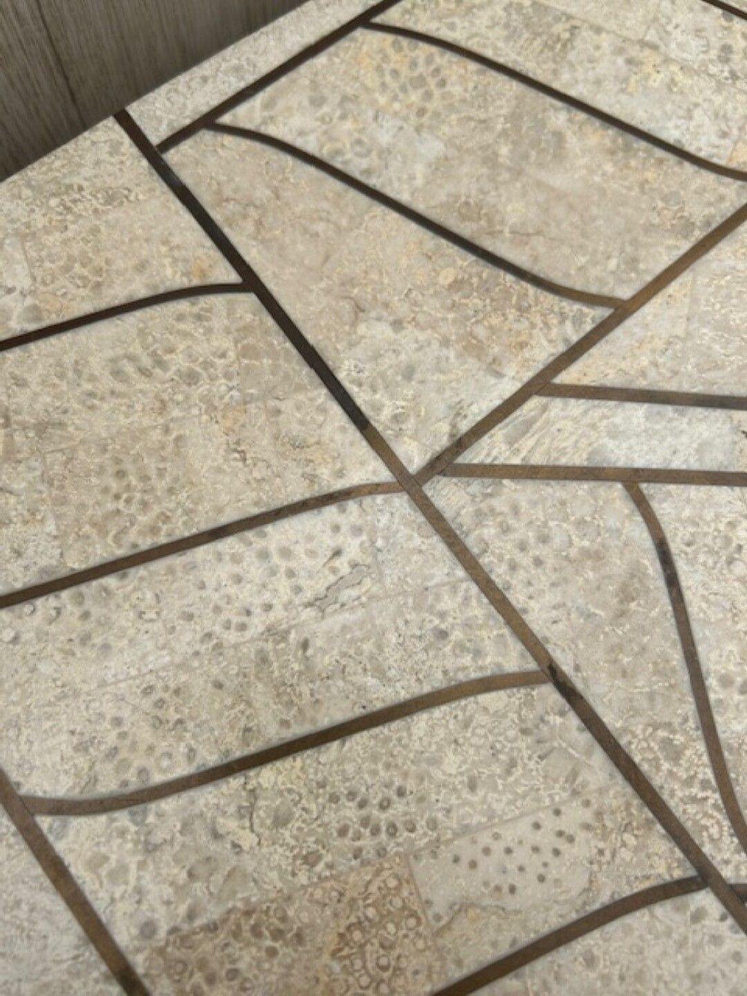 Furniture Postmodern Tessellated Travertine Demi Lune Console, Attributed To Maitland Smith, 1980s photo
