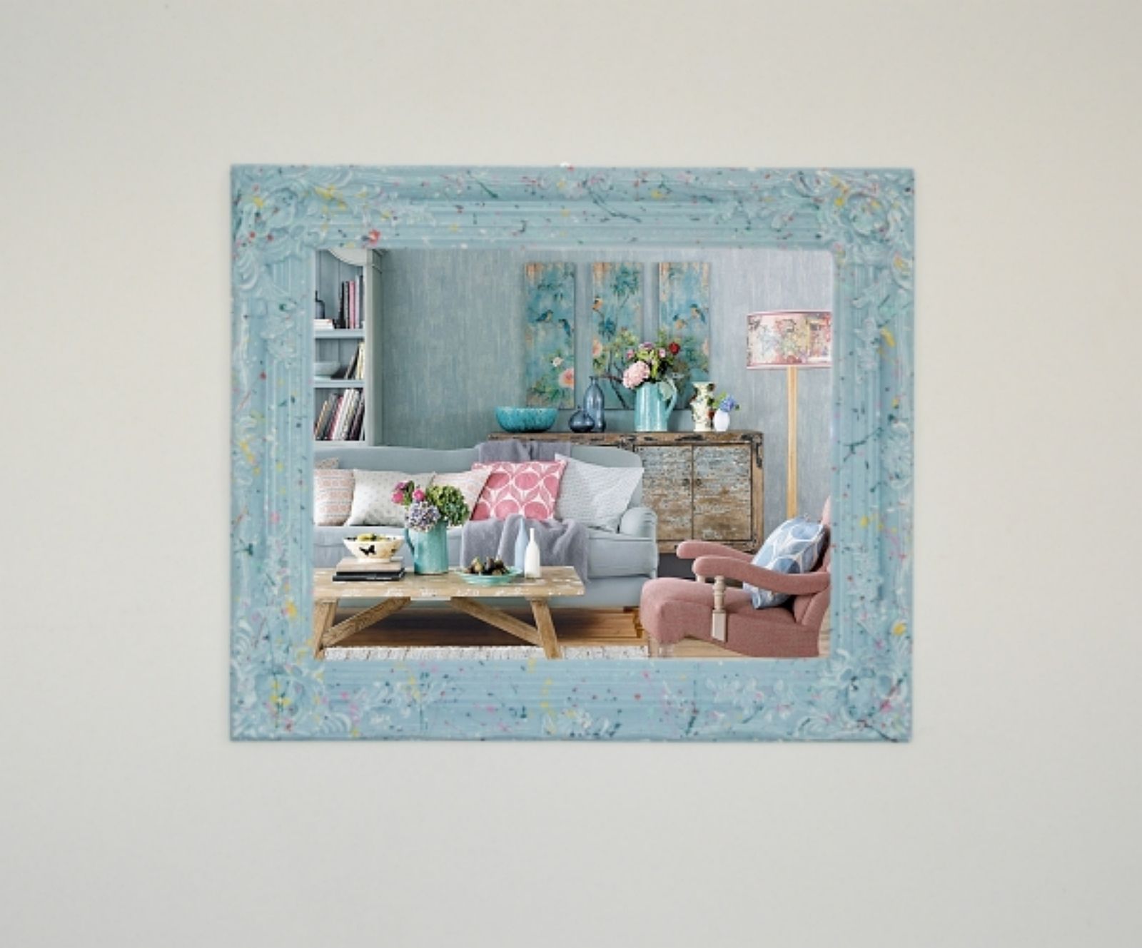 French Style Mirror With Splats Of Colourful Paint, Colourful Hand Painted Provence Blue Ornate 64x54 Cm photo buy