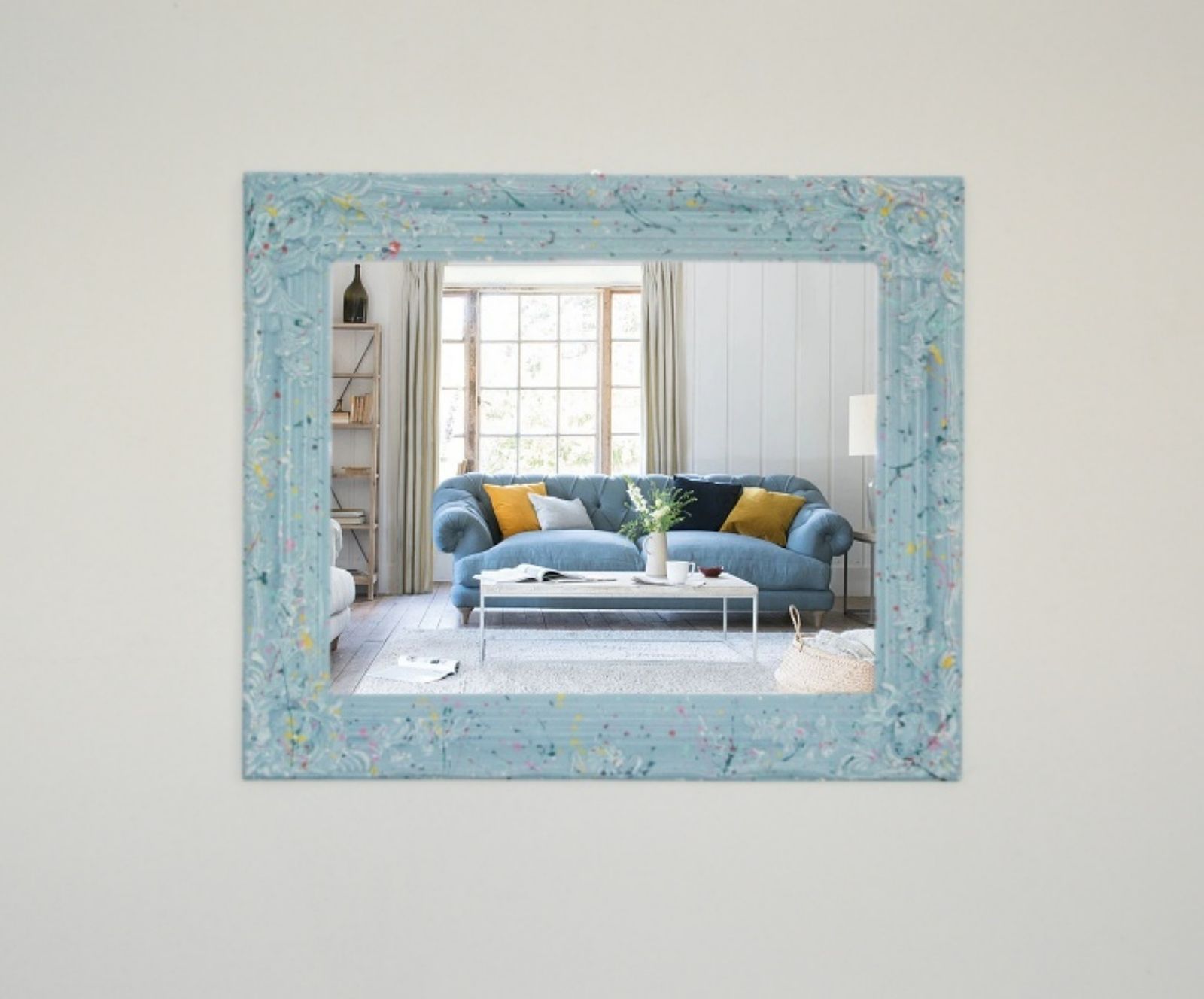 French Style Mirror With Splats Of Colourful Paint, Colourful Hand Painted Provence Blue Ornate 64x54 Cm