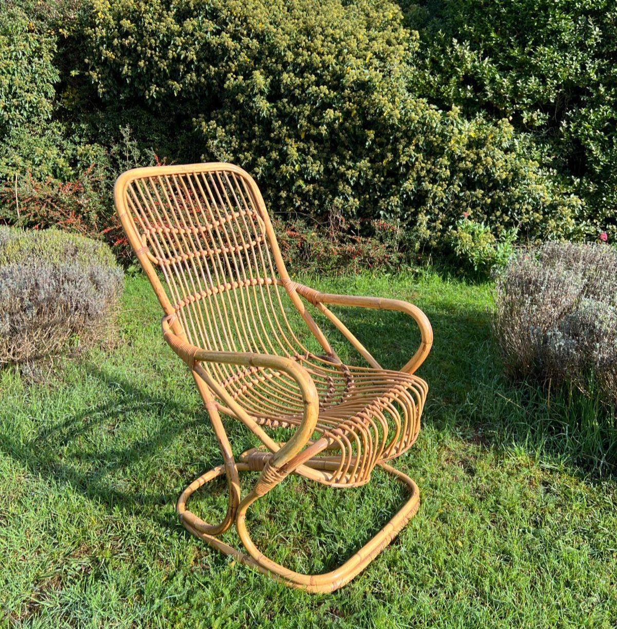 Vintage Franco Albini Style Bamboo Cane & Rattan Rocking Chair , Adult Size