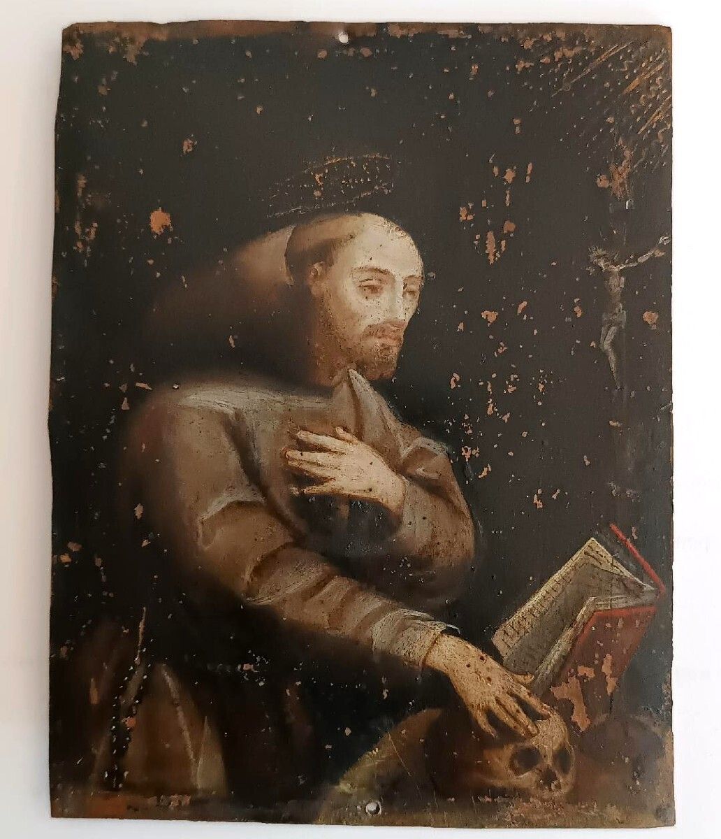 Old Painting On Copper, Italian School, 17th Century   Saint Francis