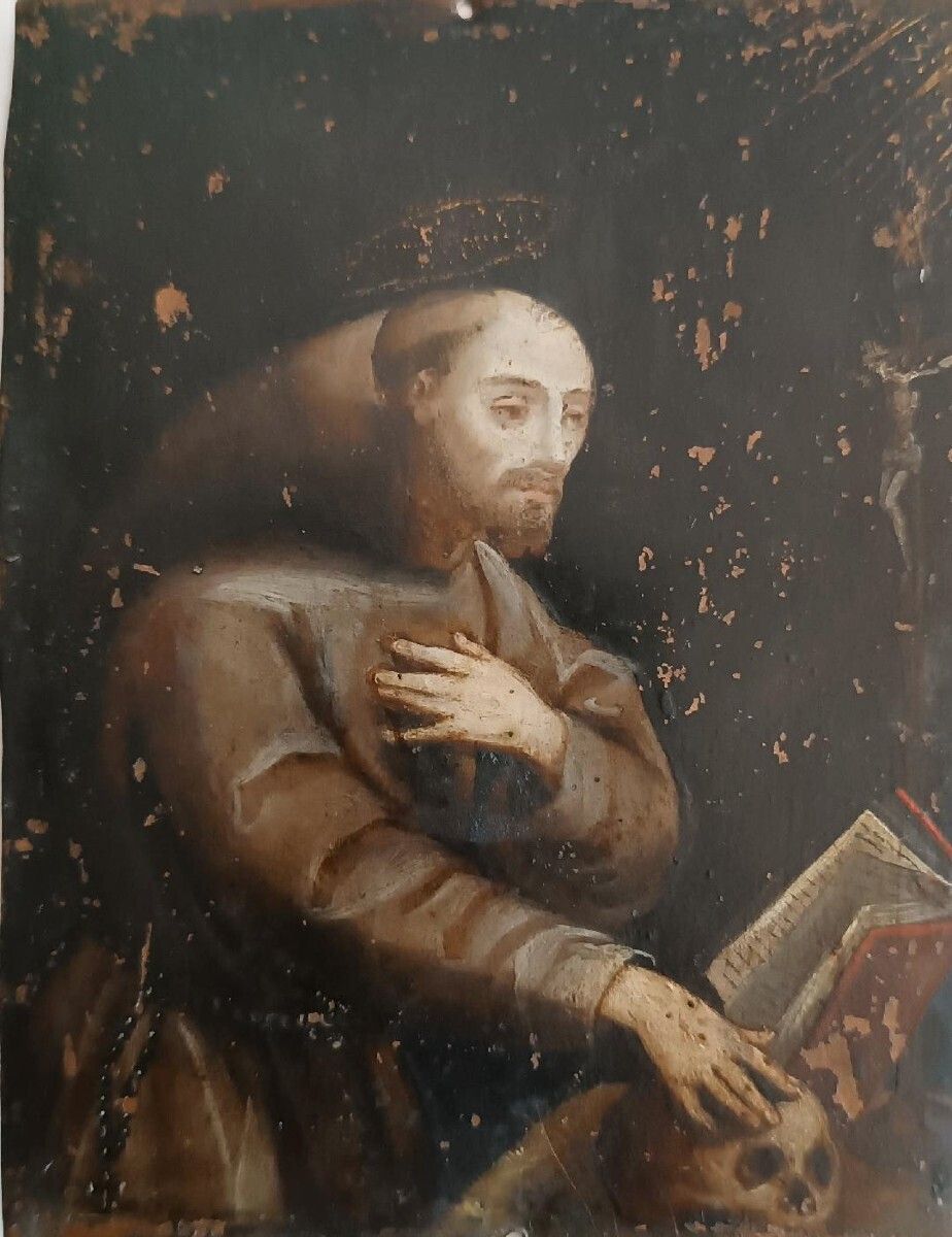 Old Painting On Copper, Italian School, 17th Century   Saint Francis photo for sale