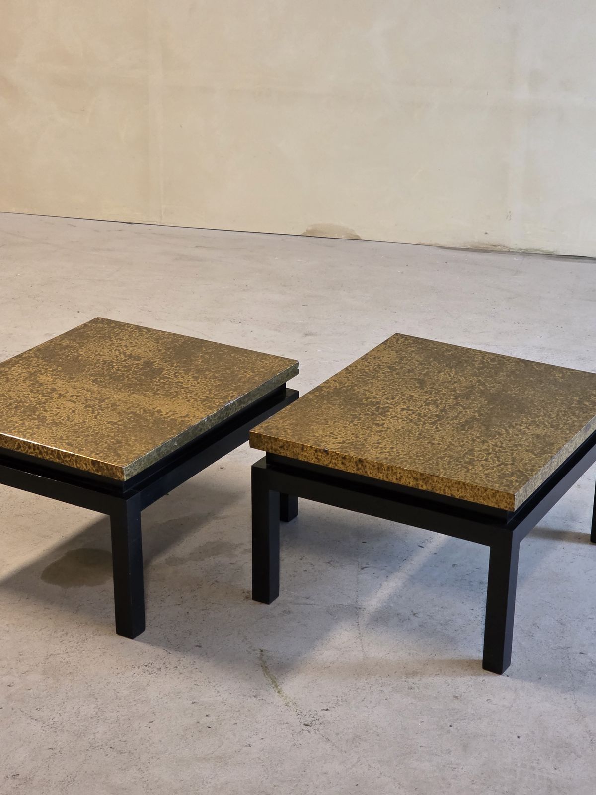 Set Of 2 Mid Century Black Lacquered Sidetables With Gold Painted Metal Top photo furniture