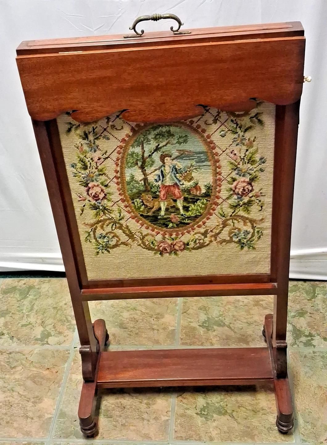 Vintage Tapestry Fire Screen Adjustable With Folding Shelf In Victorian Style