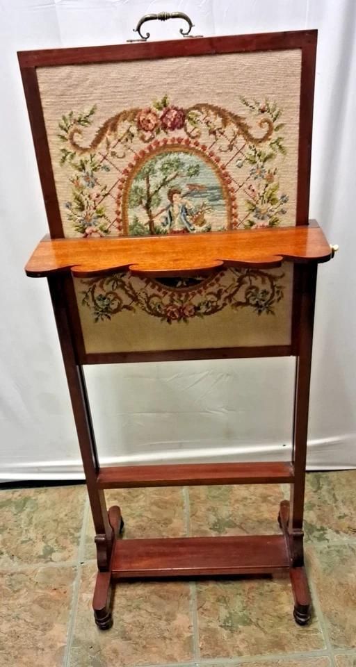 Vintage Tapestry Fire Screen Adjustable With Folding Shelf In Victorian Style photo Home Fixtures