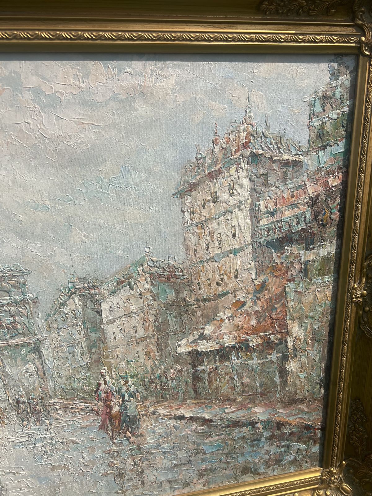Large Mid 20th Century Parisian Street Scene Oil Painting In Ornate Gilt Frame photo Art