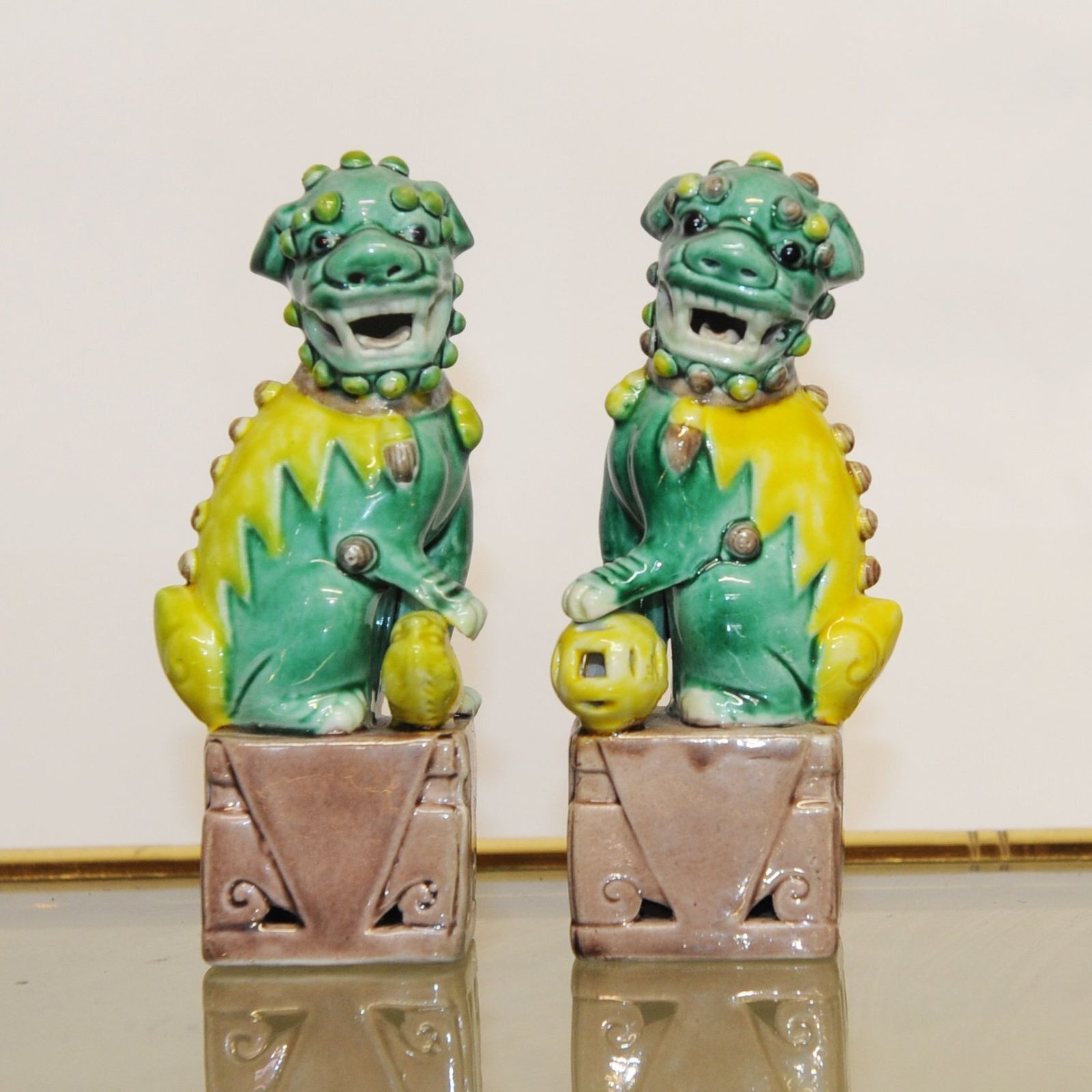 Pair Of Old Chinese Temple Lions Foo Dog Guardian Green & Yellow Porcelain Figures, 1920s
