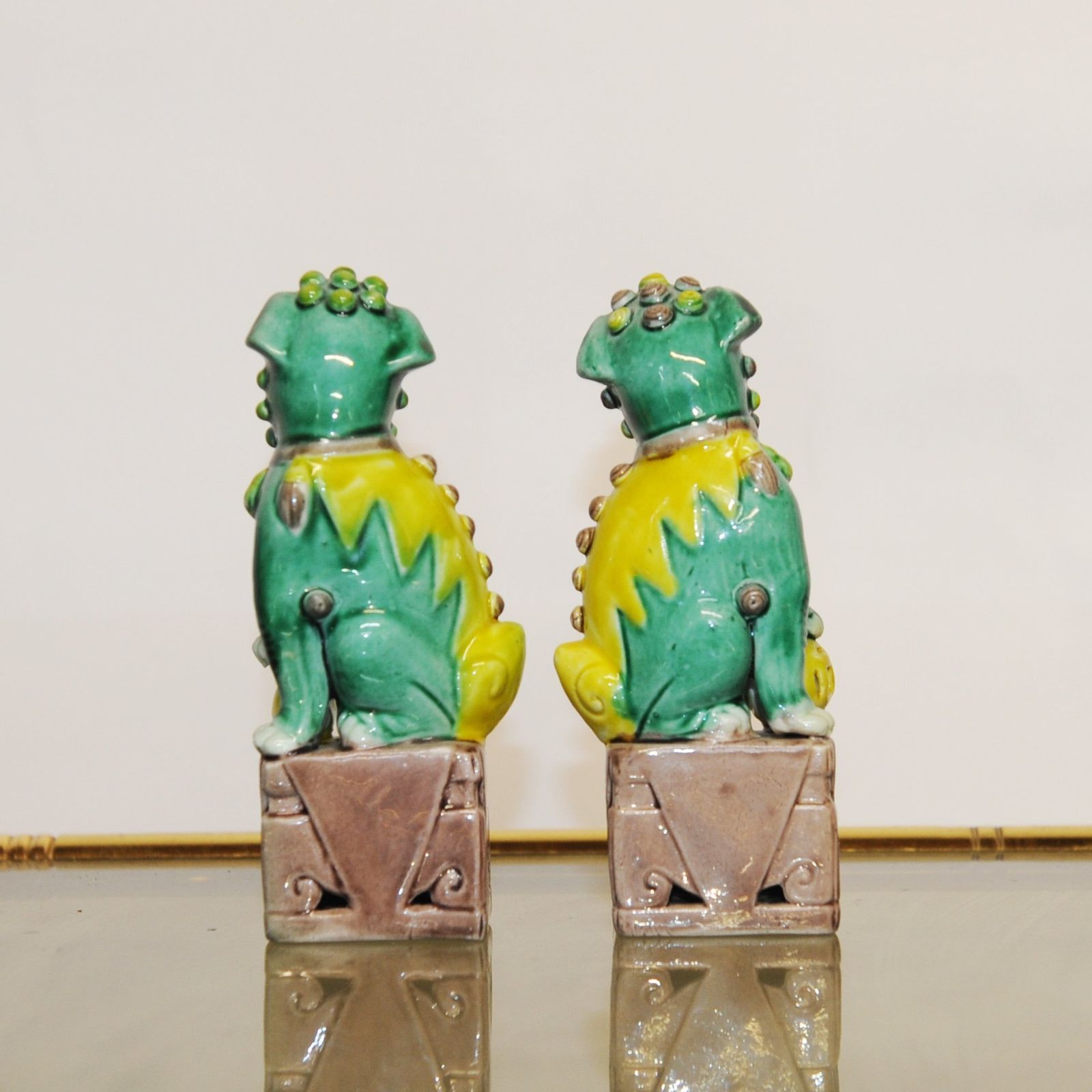 Pair Of Old Chinese Temple Lions Foo Dog Guardian Green & Yellow Porcelain Figures, 1920s photo Home Decor