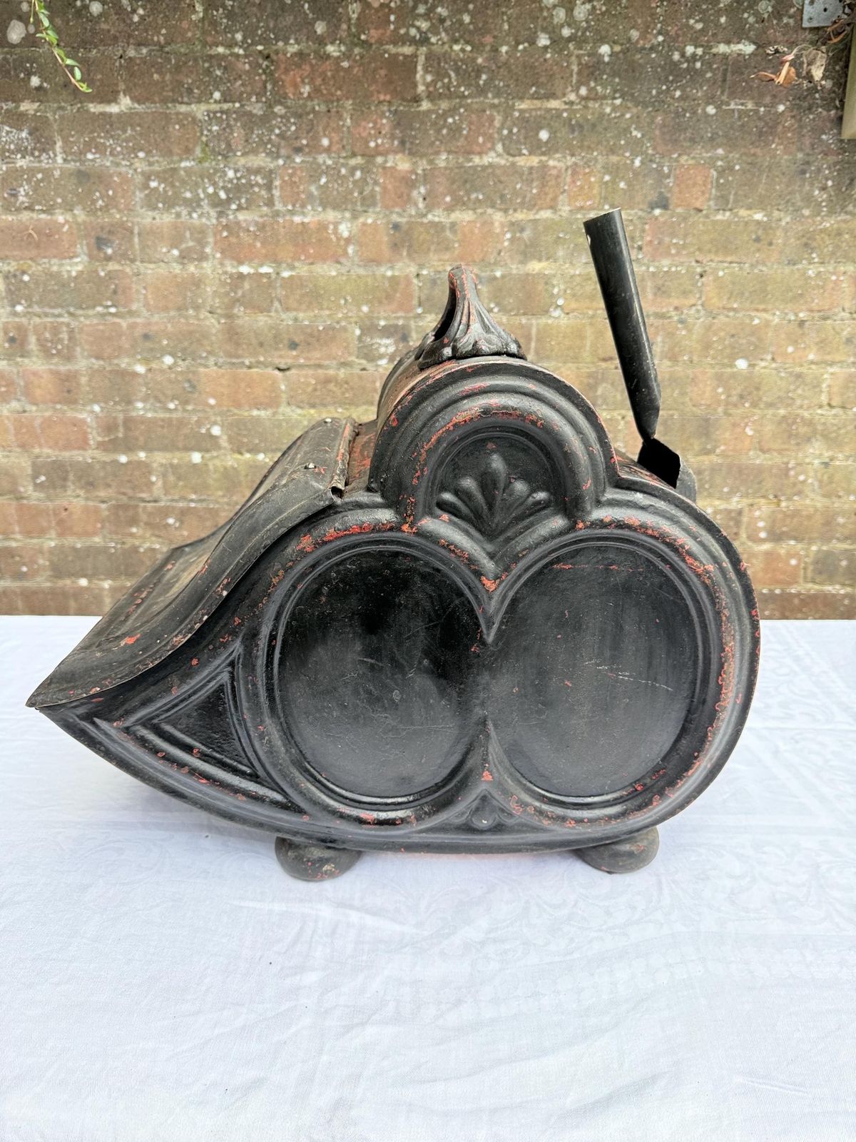 Antique Black Painted Victorian Coal Scuttle With Dog Motif And Shovel — Possibly Central European Metal Fireplace Coal Bucket And Shovel photo Home Fixtures