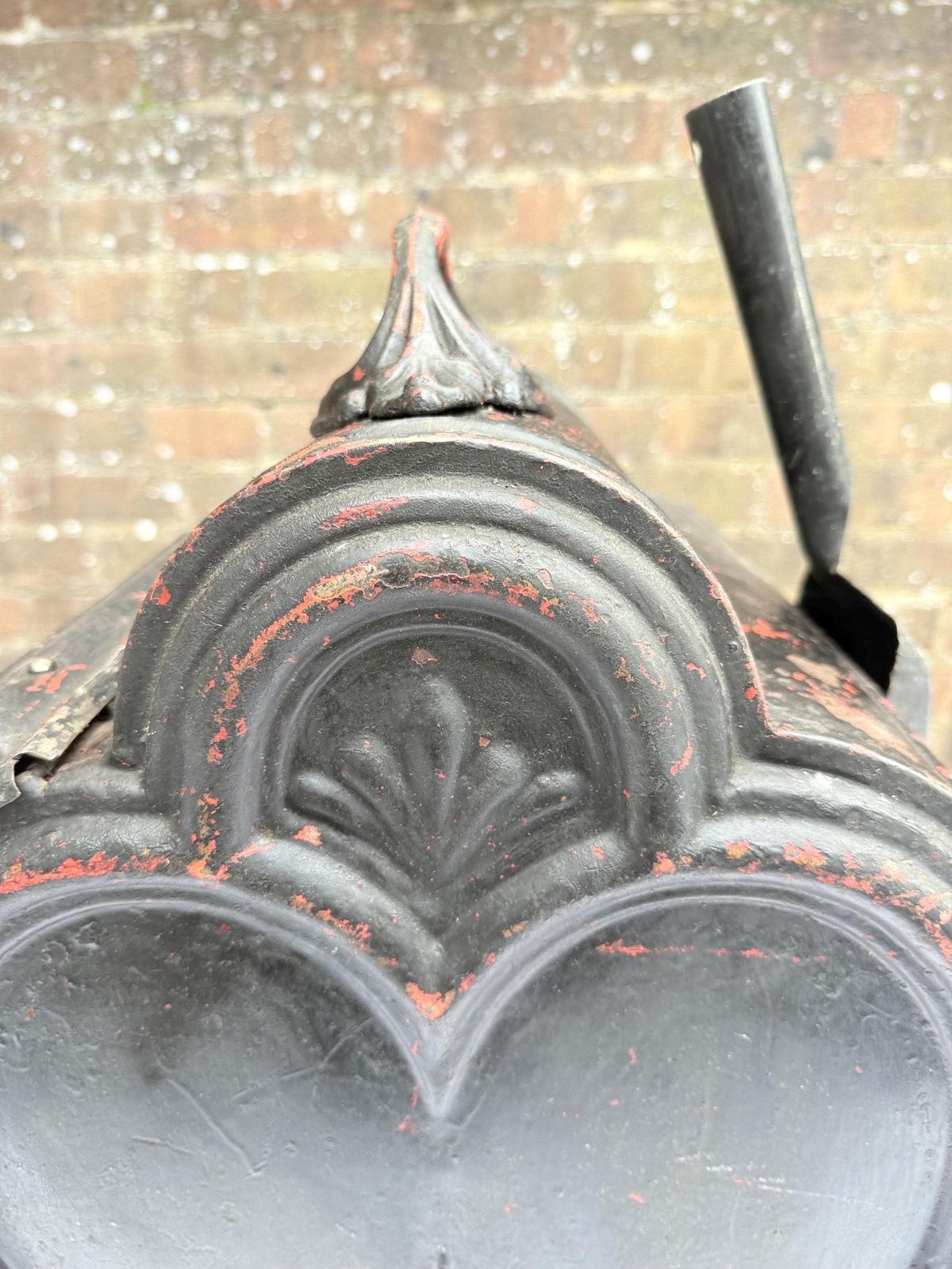 photo for sale Antique Black Painted Victorian Coal Scuttle With Dog Motif And Shovel — Possibly Central European Metal Fireplace Coal Bucket And Shovel