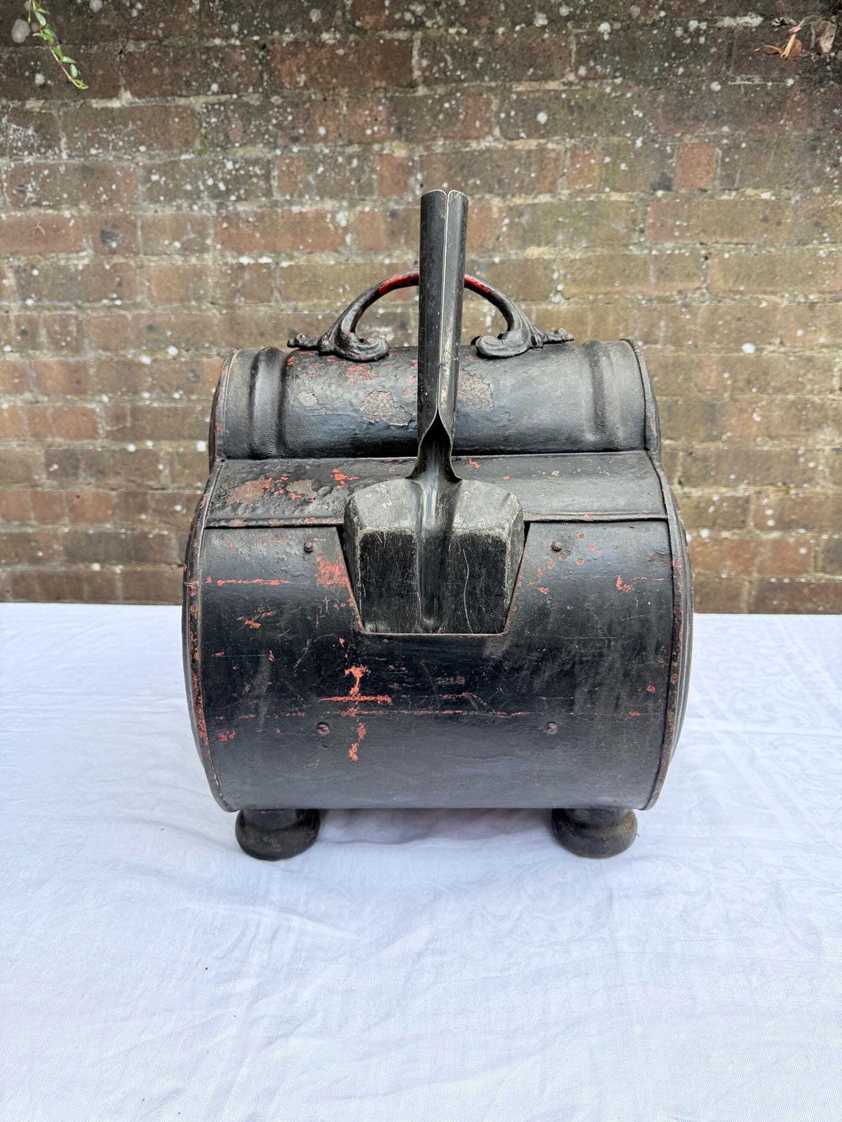 photo buy Antique Black Painted Victorian Coal Scuttle With Dog Motif And Shovel — Possibly Central European Metal Fireplace Coal Bucket And Shovel