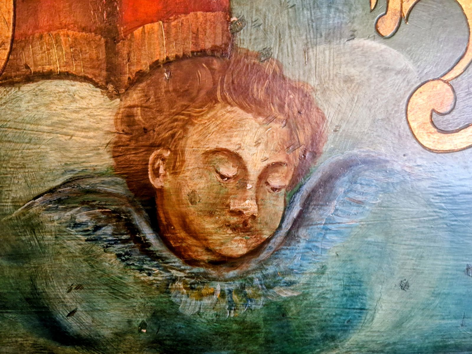 Antique 19 Century Headboard. French Made. Putty Faces. Green Flowers God Painted. photo Furniture