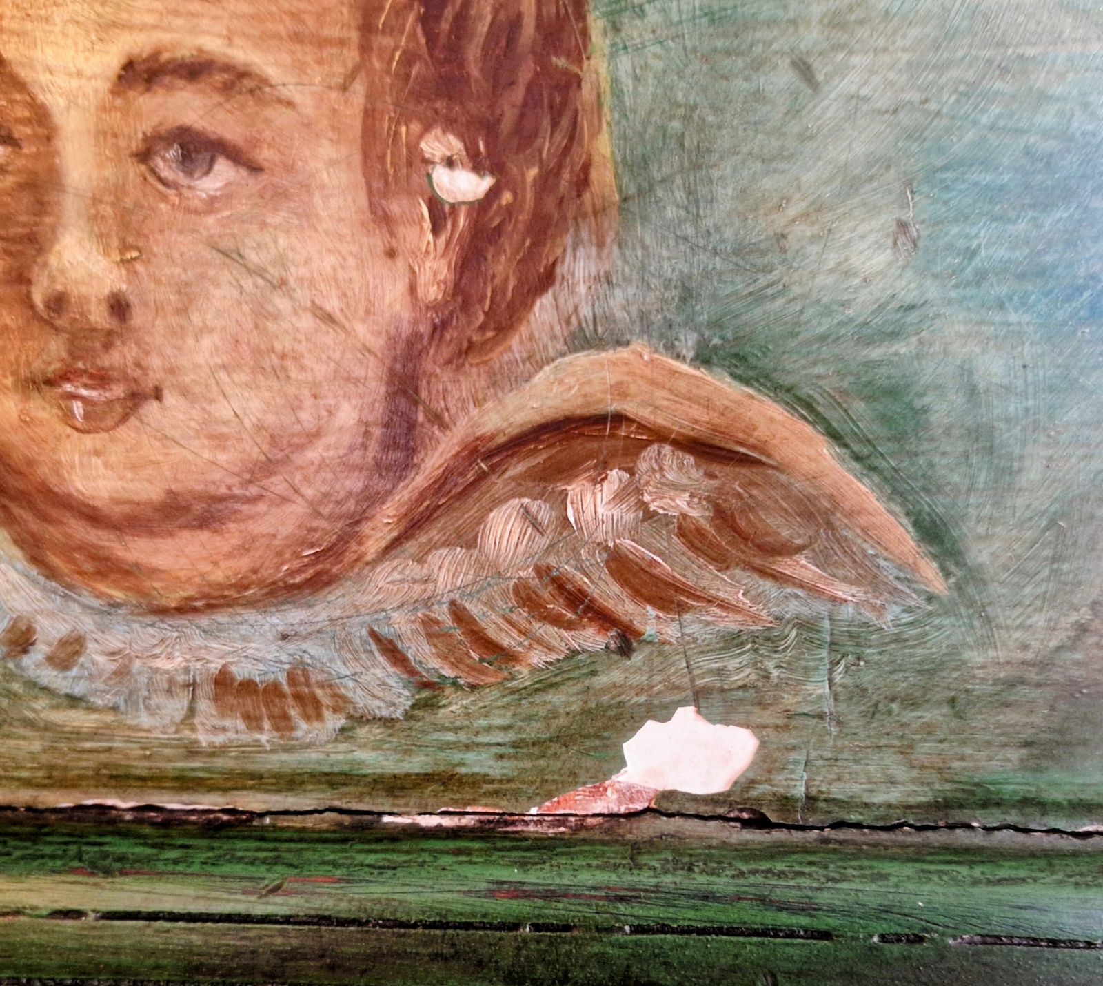 photo furniture Antique 19 Century Headboard. French Made. Putty Faces. Green Flowers God Painted.