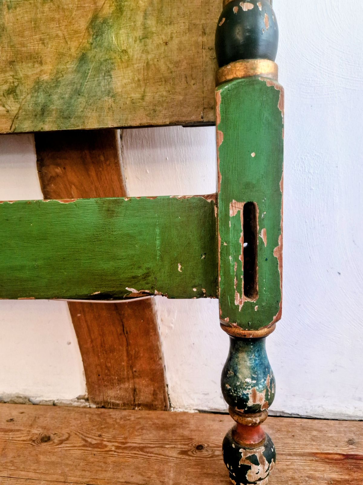 photo for sale Antique 19 Century Headboard. French Made. Putty Faces. Green Flowers God Painted.