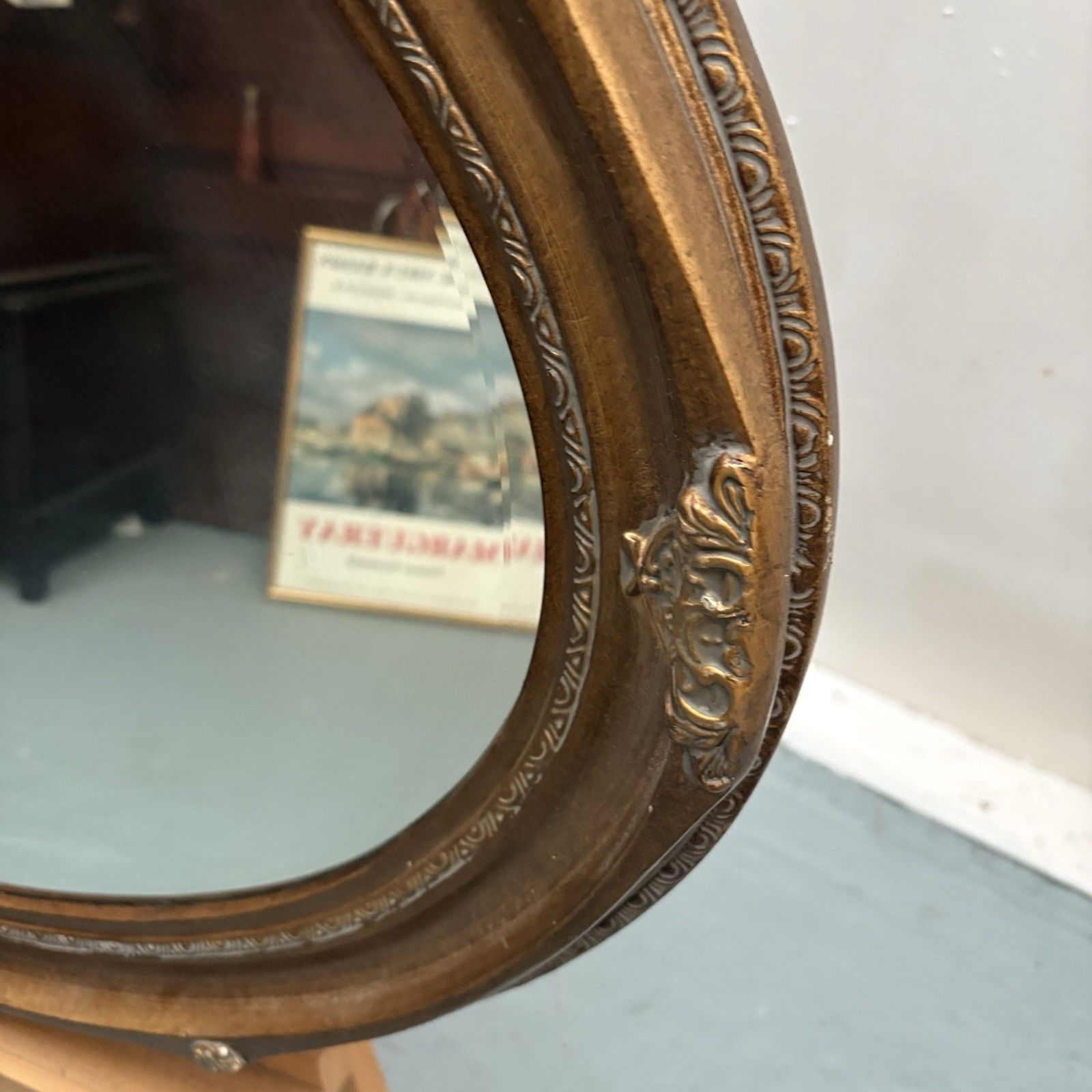 West Decor Reproduction Art Nouveau Overmantle Oval Antique Gilt Mirror photo for sale