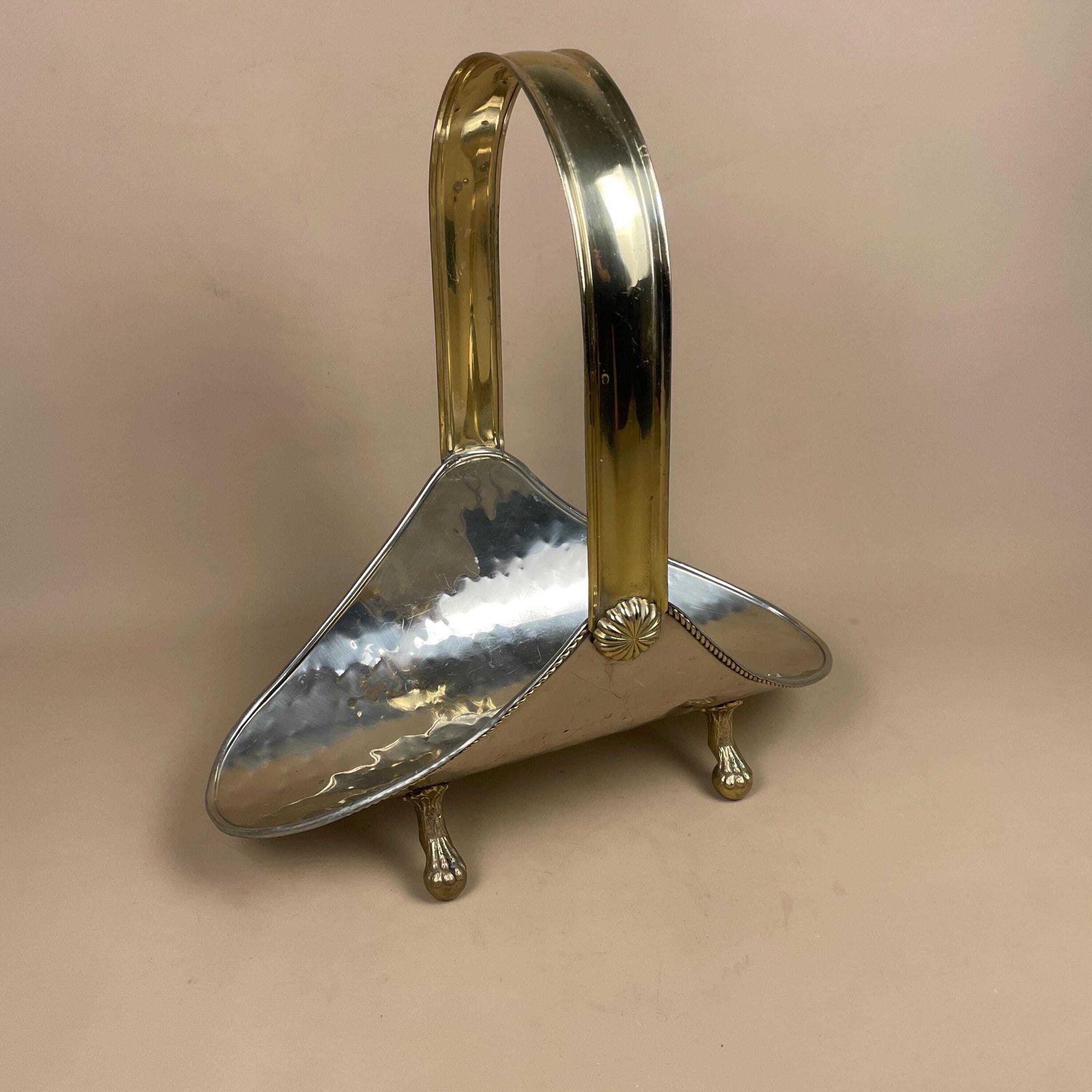 photo for sale Metal Log Holder Gold Silver Coal Bucket Handle Fireside Fire Side Scuttle Farmhouse Cottage Hammered Feet Vintage Fireplace Logs Antique