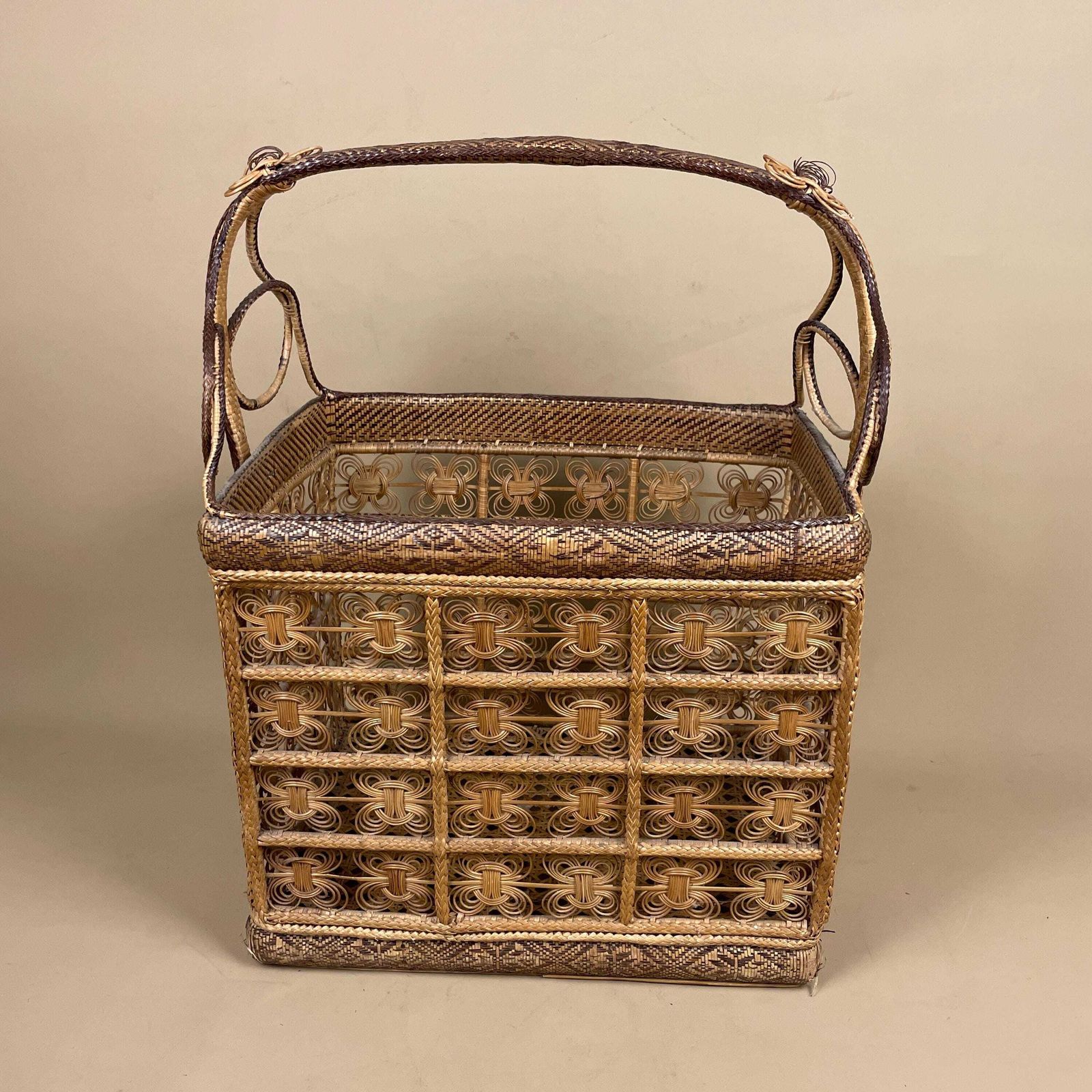 Handmade Finely Woven Rectangle Basket Wicker Vintage Storage Wood Handle Wooden Cottage Farmhouse Medium Brown Intricate Patterned Pattern photo buy