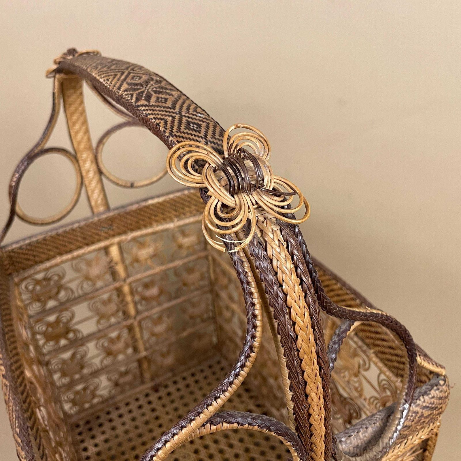 Handmade Finely Woven Rectangle Basket Wicker Vintage Storage Wood Handle Wooden Cottage Farmhouse Medium Brown Intricate Patterned Pattern photo vintage