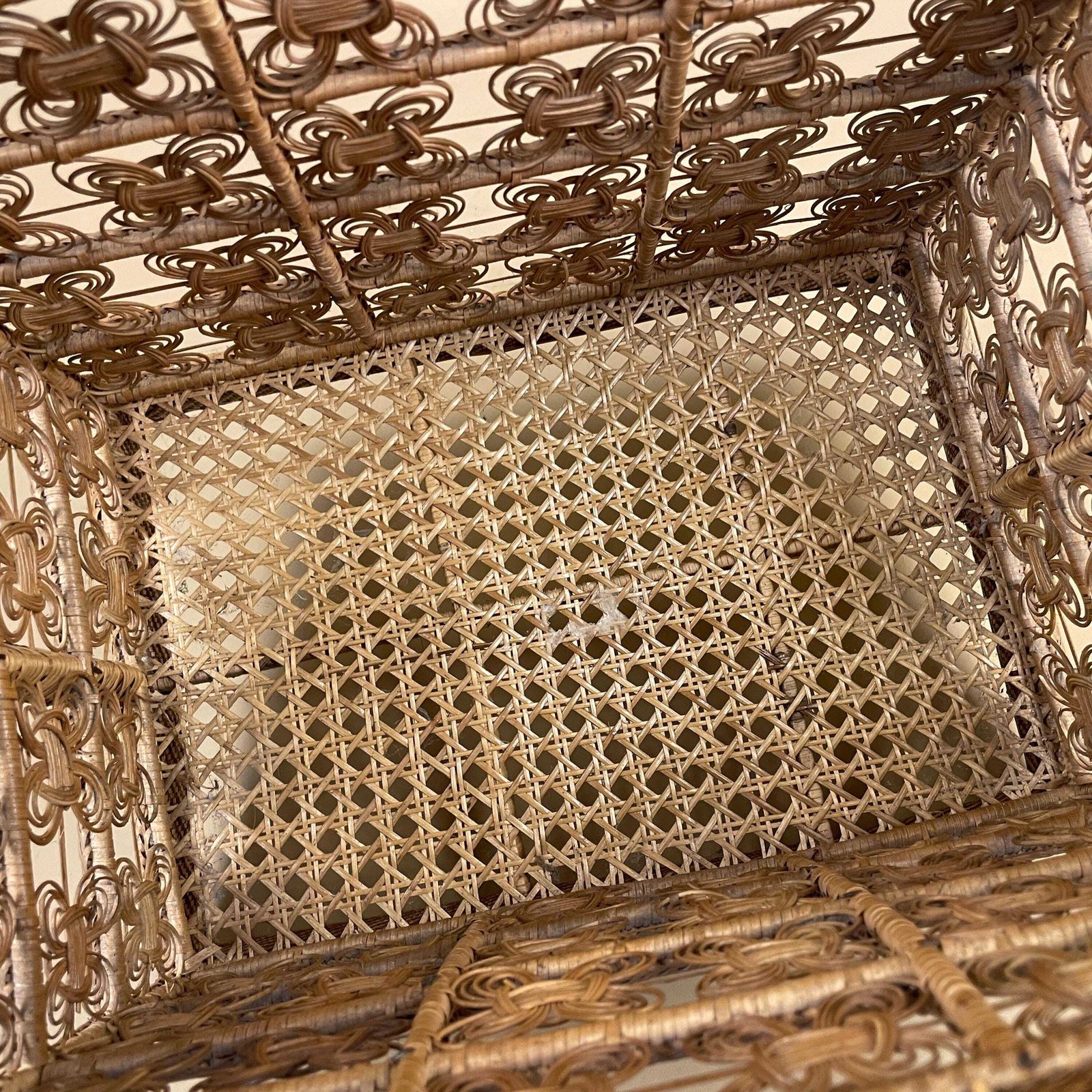 135.0 Handmade Finely Woven Rectangle Basket Wicker Vintage Storage Wood Handle Wooden Cottage Farmhouse Medium Brown Intricate Patterned Pattern photo