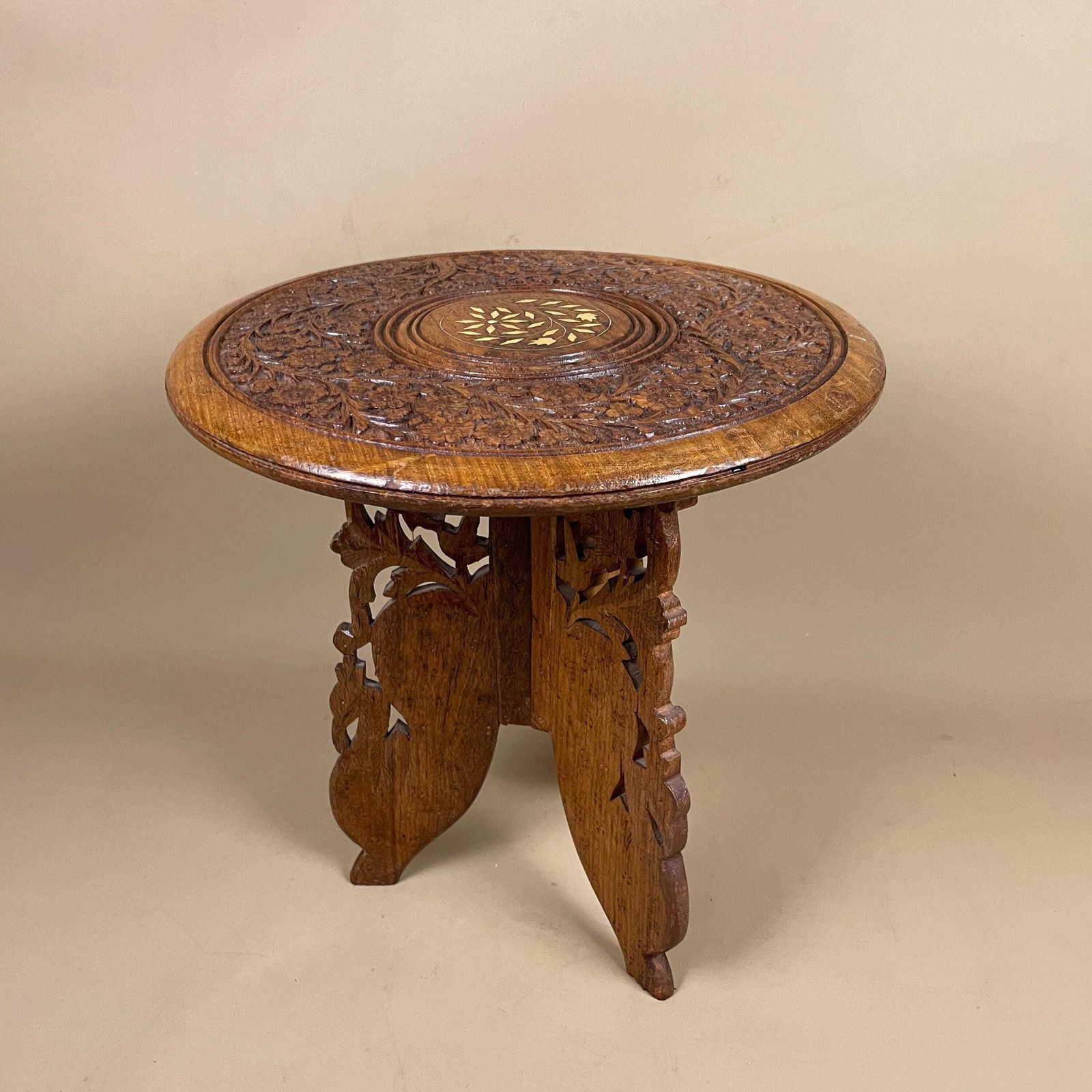 Indian Wooden Table Decorative Intricate Patterned Inlay Top Hand Crafted Round Vintage Antique Asian Plant Stand Floral Pattern Small Wood photo furniture