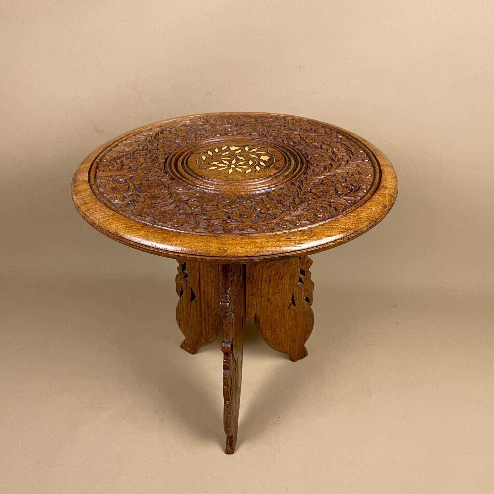 Indian Wooden Table Decorative Intricate Patterned Inlay Top Hand Crafted Round Vintage Antique Asian Plant Stand Floral Pattern Small Wood photo vinterior