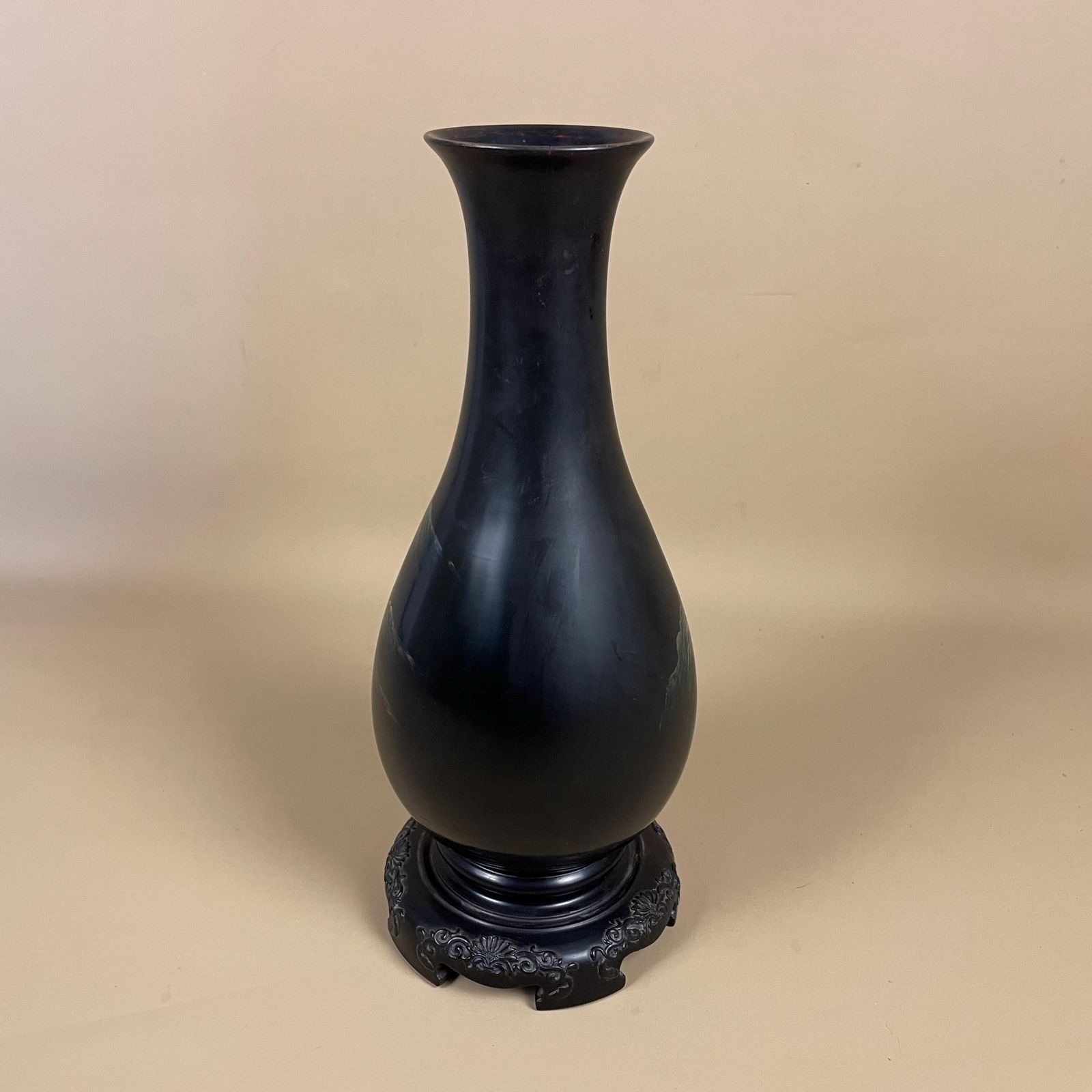 Asian Lacquer Vase Gilt Landscape Hand Painted Oriental Decor Vintage Black Gold Decorative Art Vase With Stand Japanese photo buy
