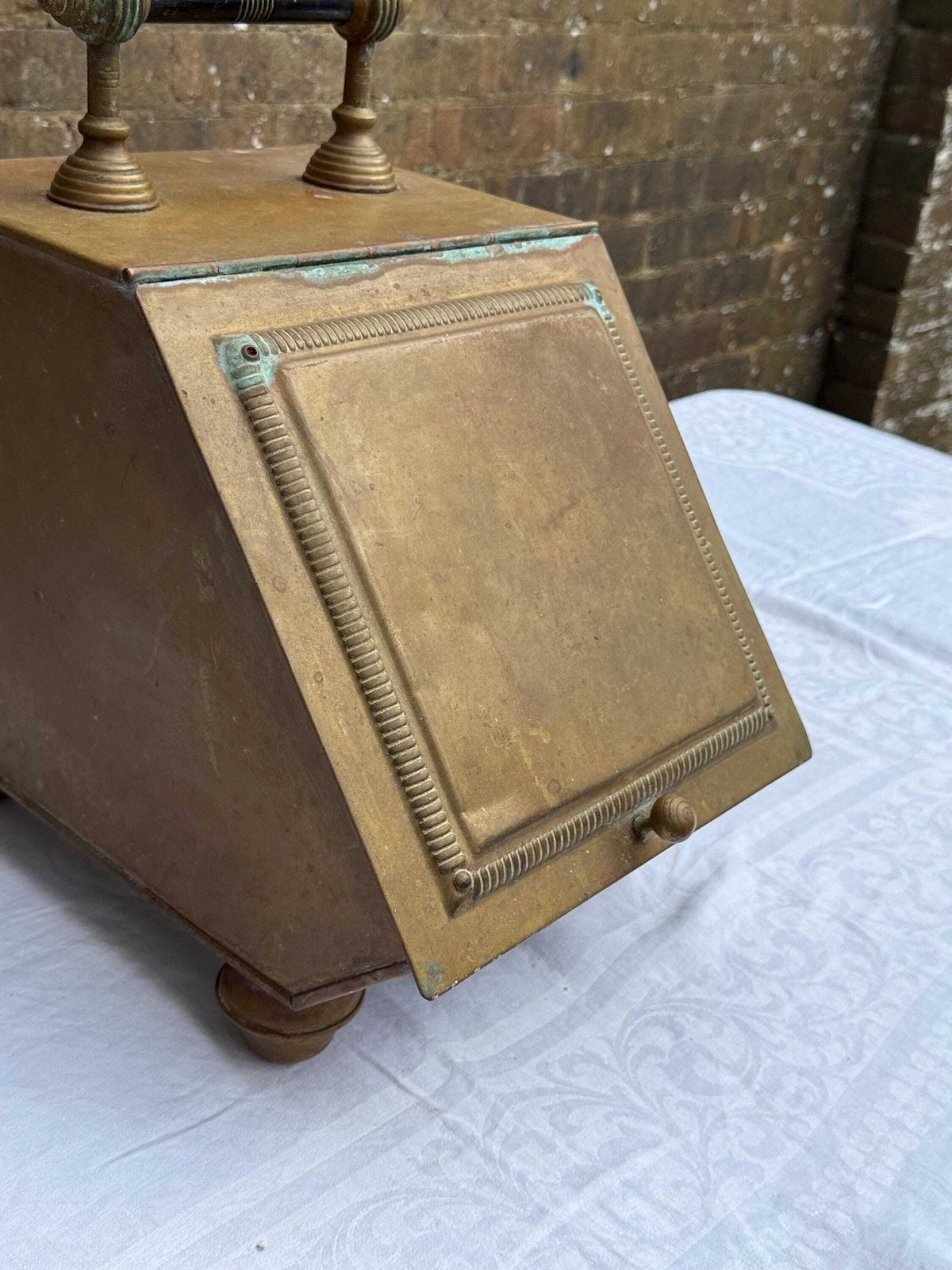 photo for sale Antique Victorian Brass Coal Scuttle Tbc W. Harris & Co – English Fireplace Log Box With Shovel, Beaded Brass Fireside Hod, Brass Bucket