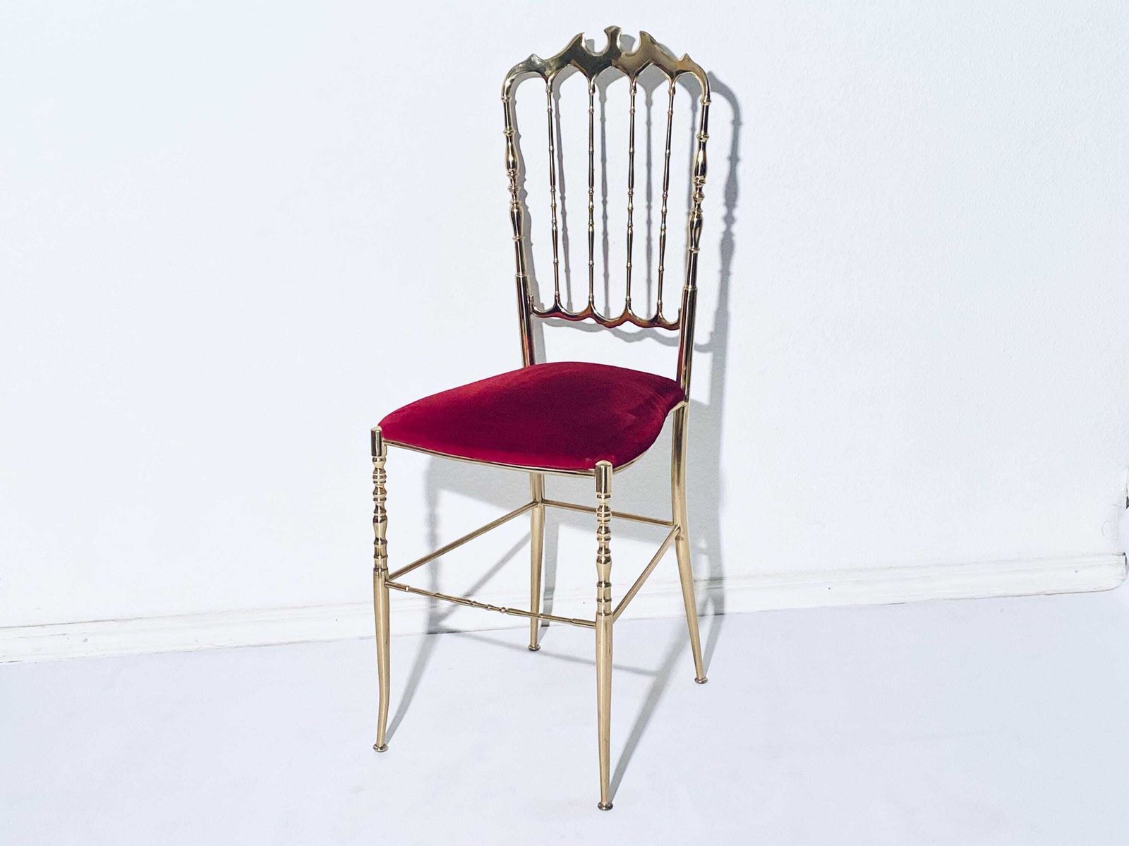 1950s Italian Chiavari Giuseppe Gaetano Descalzi Ornate Brass Red Velvet Chair / Vintage Decorative Side Chair / Mid Century Furniture