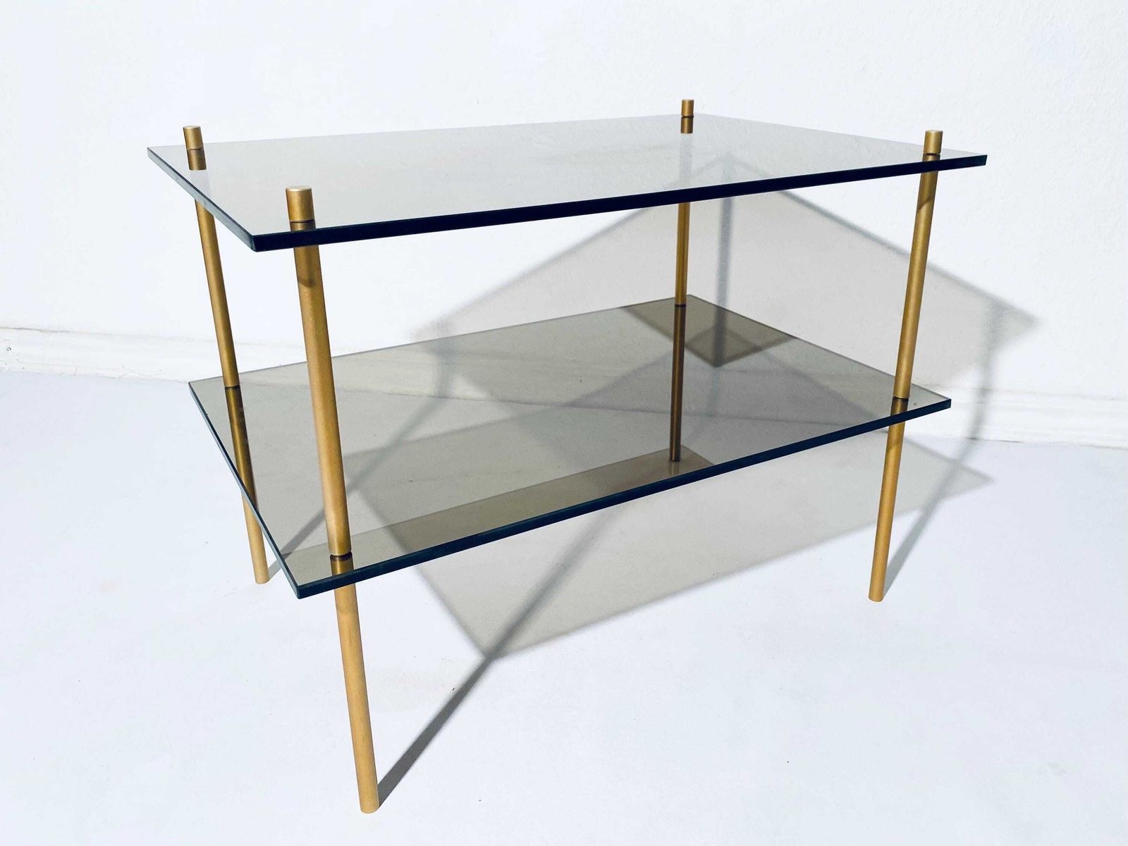 1970s Italian Gold Glass Brass Shelves Stand Sofa Table / Vintage Hollywood Regency Home Decor photo for sale