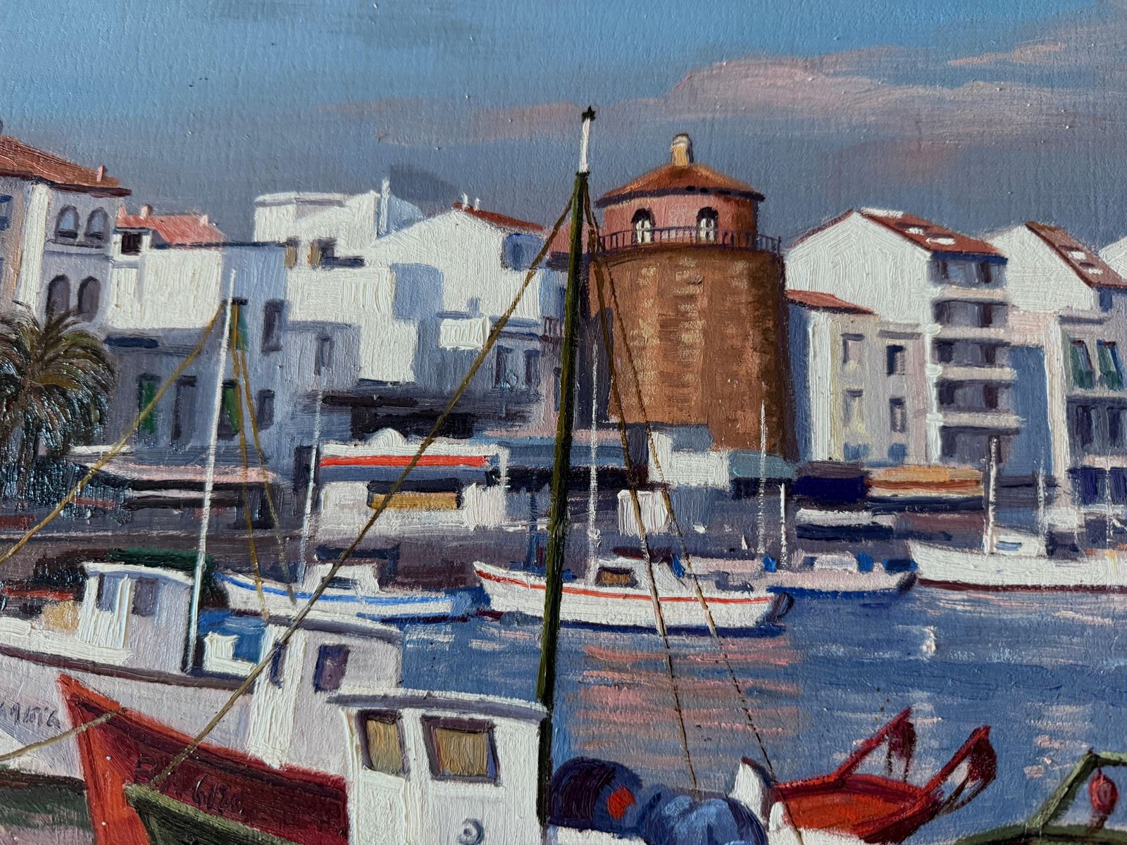 Francesc Torneró Gómez Port Of Cambrils, Spain, Oil On Canvas Painting, Spanish Mediterranean Seascape C.1970 photo vinterior