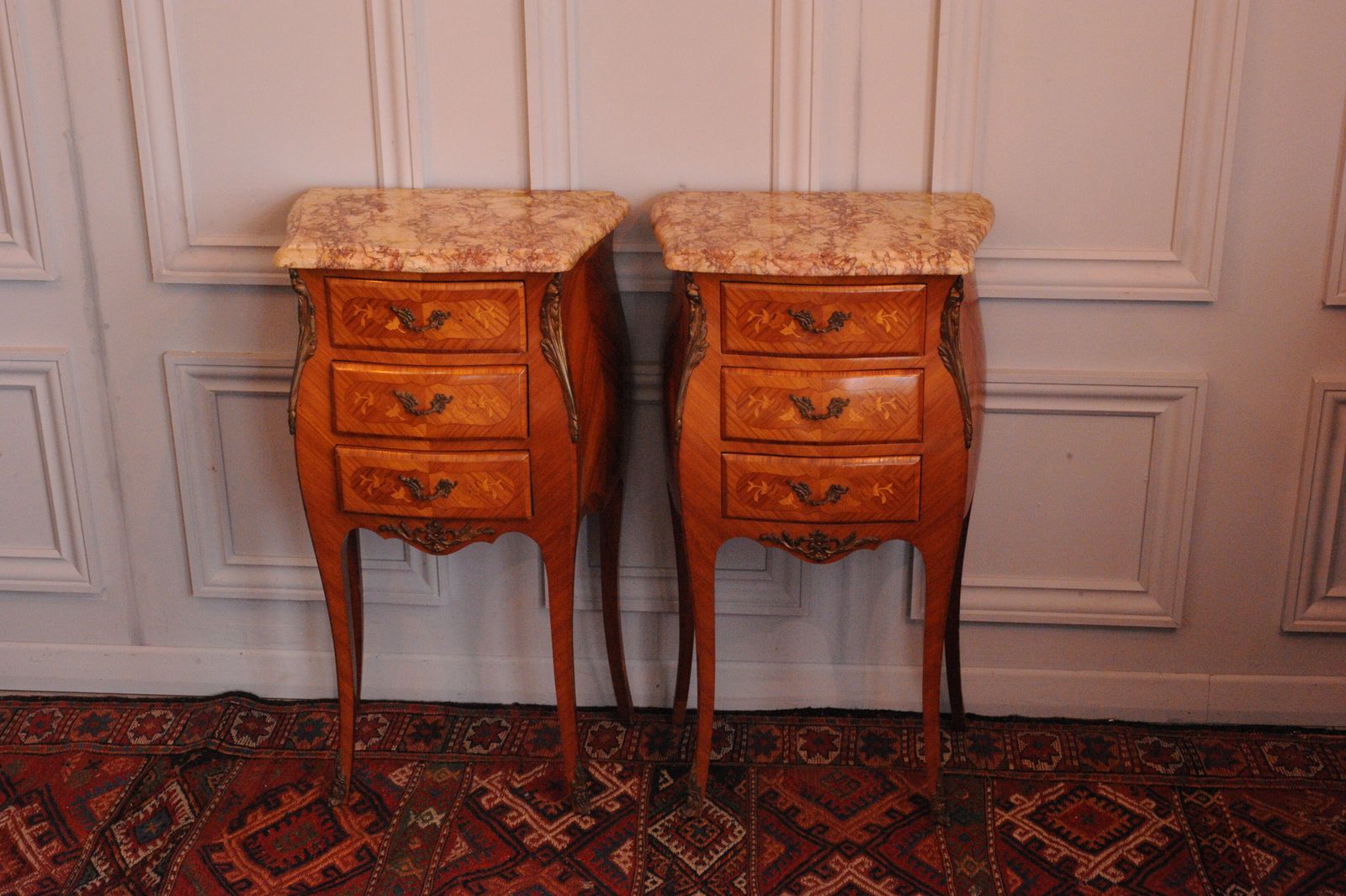 Vintage French Mid C Pair Of  Louis XV Style Three Drawer Marble Top Cabinets Bedsides Chests photo Furniture