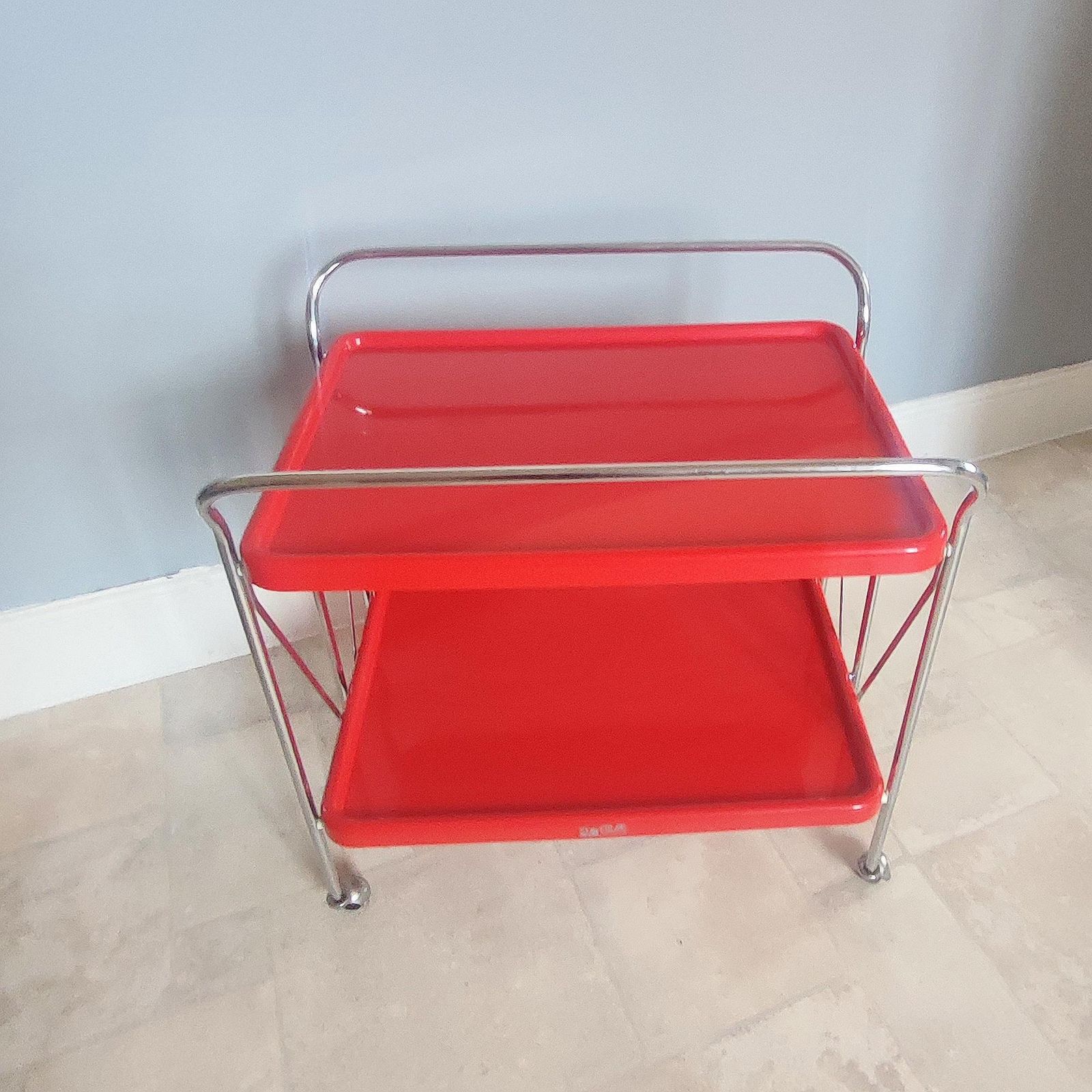Vintage Italian Ellisse Red Two Tier Folding Trolley – Mid Century Modern Drinks Cart
