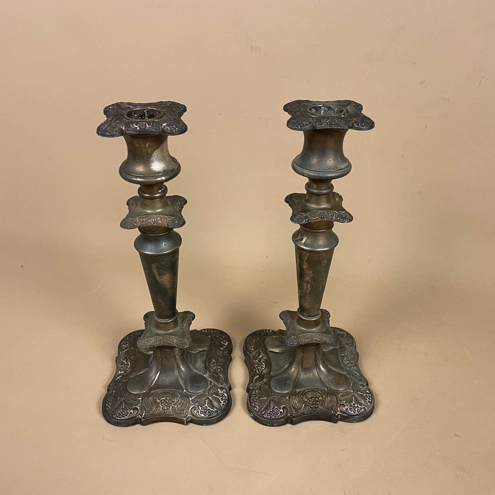 Antique Matching Pair Of Silver Metal Candlestick Candle Stick Ornate Vintage Taper Dinner Candlesticks Round Patterned Base Set Aged Patina