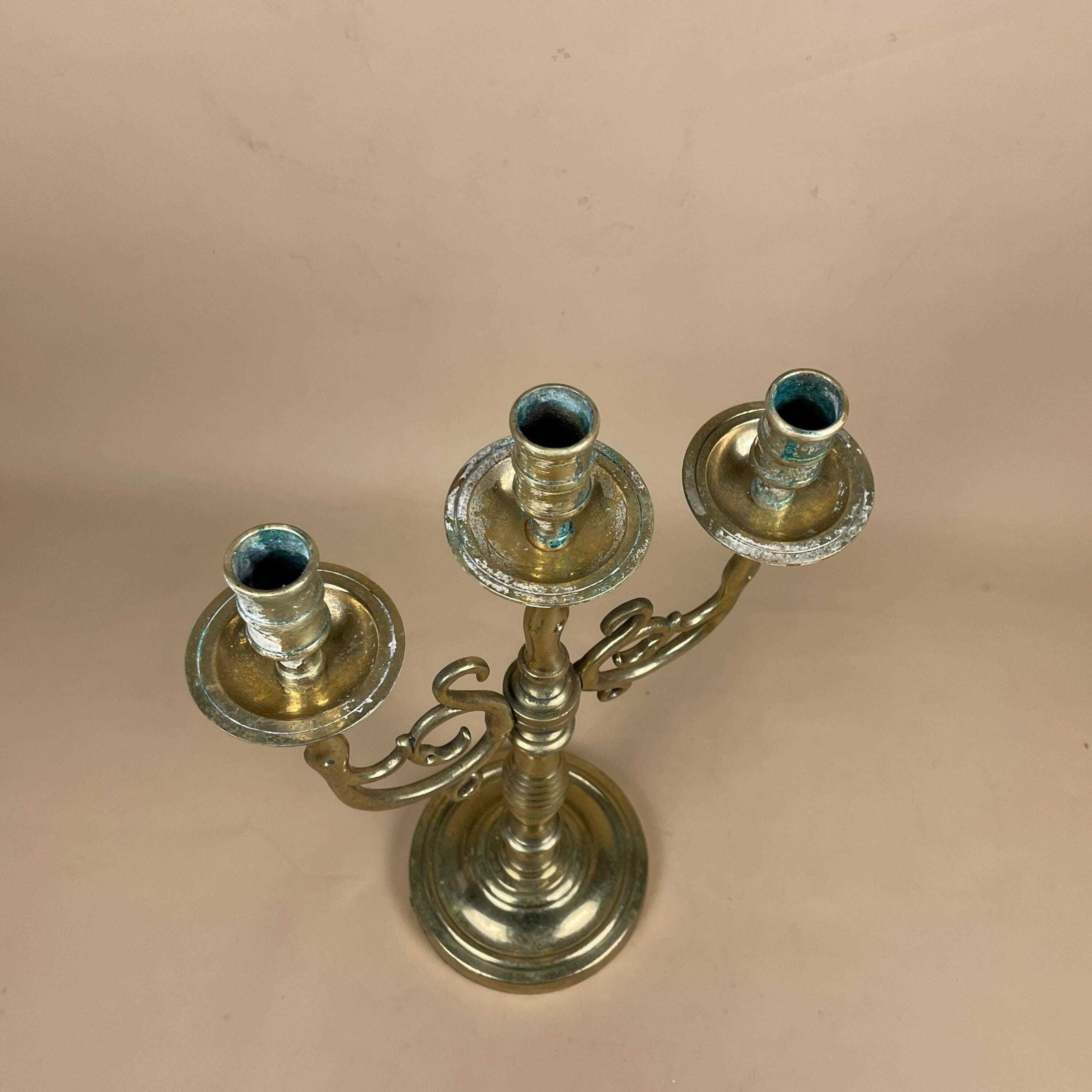Antique Gold Candelabra  Brass Metal Candlestick Candle Stick Holder Heavy Vintage Column Taper Dinner Candlesticks Ornate Pattern 3 Arms photo vintage