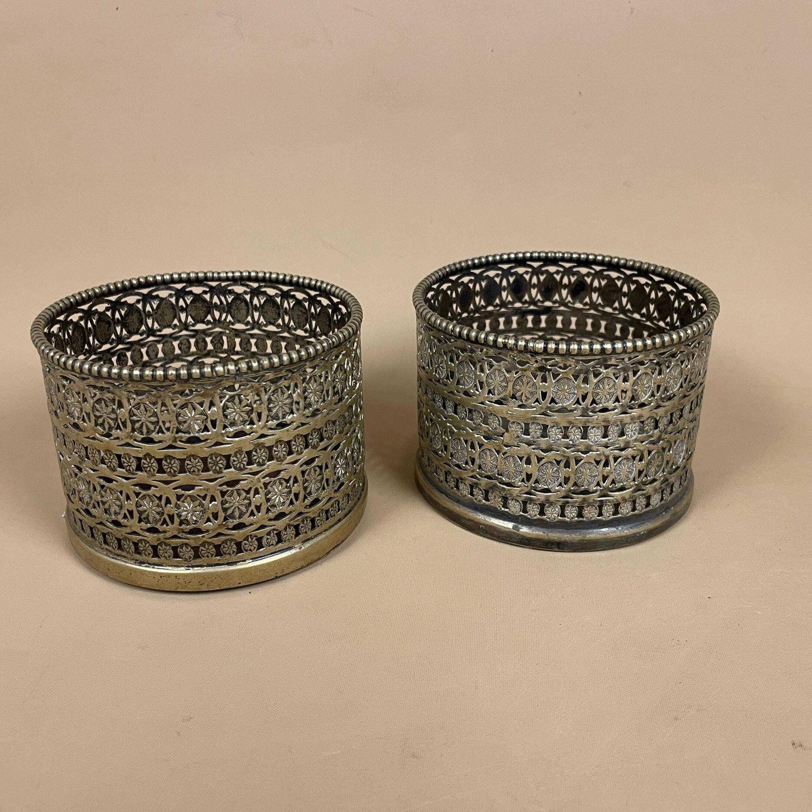 Antique Pair Of Matching Indian Cut Metal Brass Candlestick Candle Stick Holder Tea Lights Vintage Candlesticks Ornate Patterned Round Wood photo 75.0